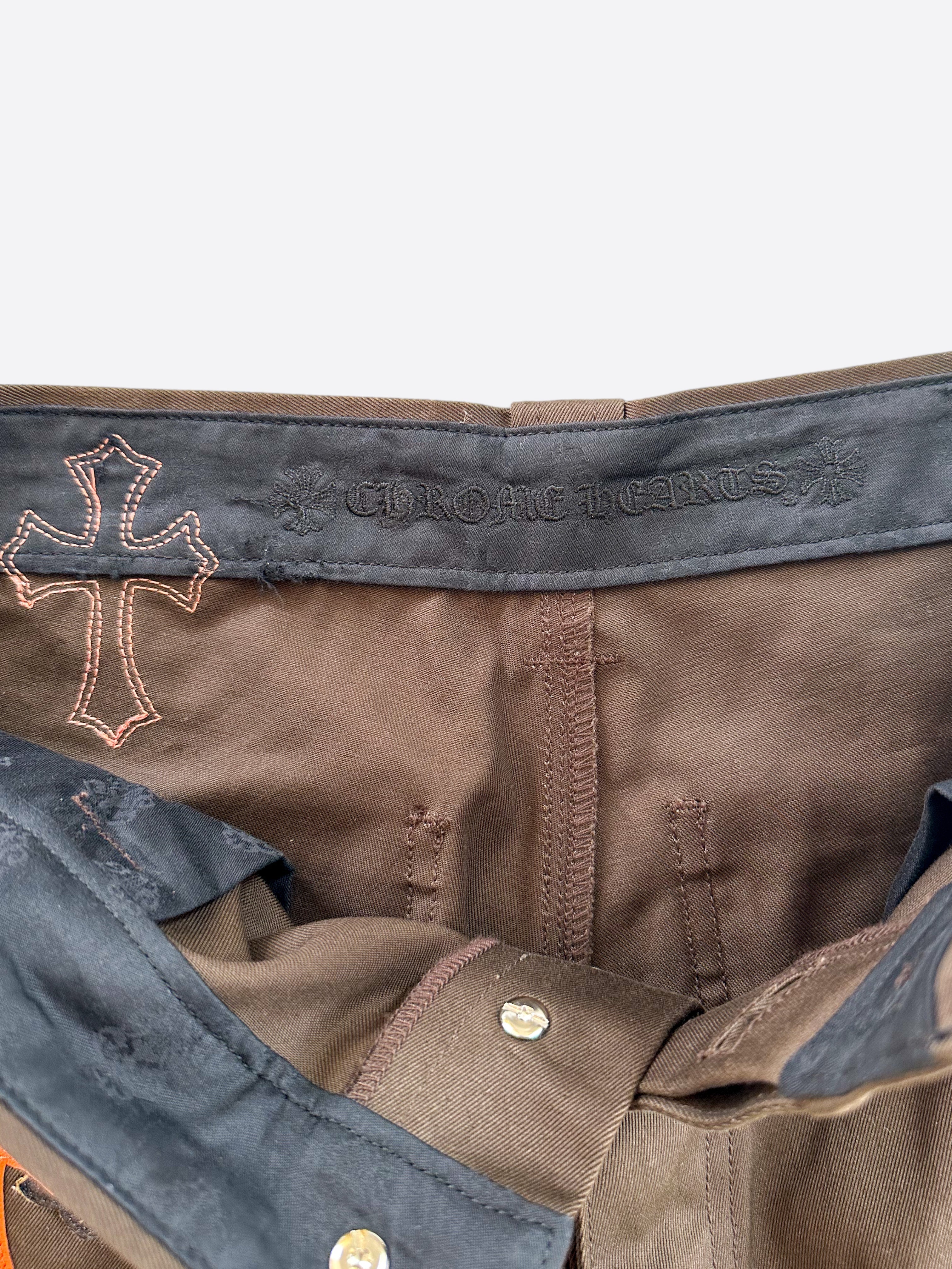 Chrome Hearts Brown & Orange Cross Patch Carpenter Jeans - Stylish Distressed Denim Pants for Men | Perfect for Streetwear, Casual Outfits & Fashion Statements