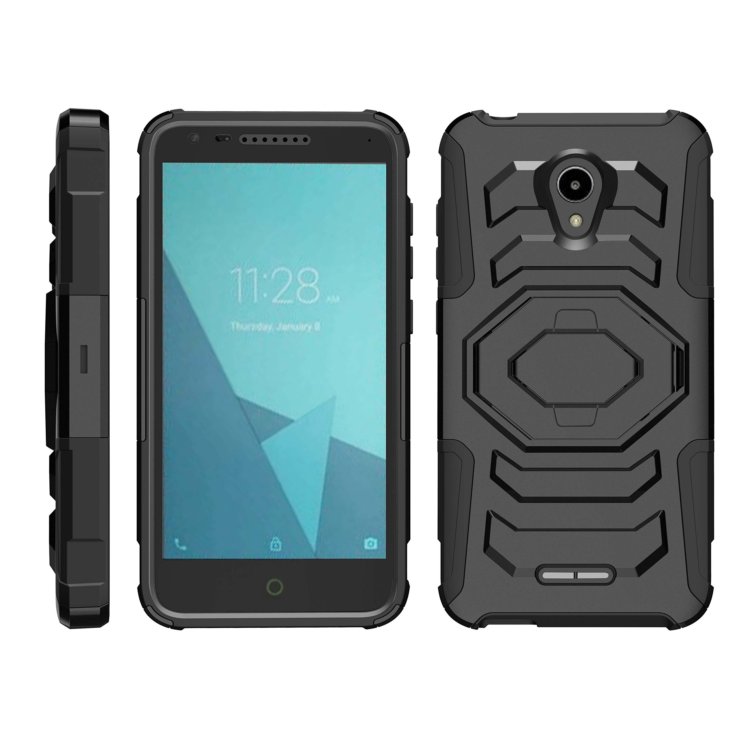 TurtleArmor Rugged Case for Alcatel IdealXCite, Raven & CAMEOX | Octo Guard Hybrid Impact Protection with Kickstand & Belt Clip Holster | Shockproof Cover for Outdoor, Work & Travel - Black
