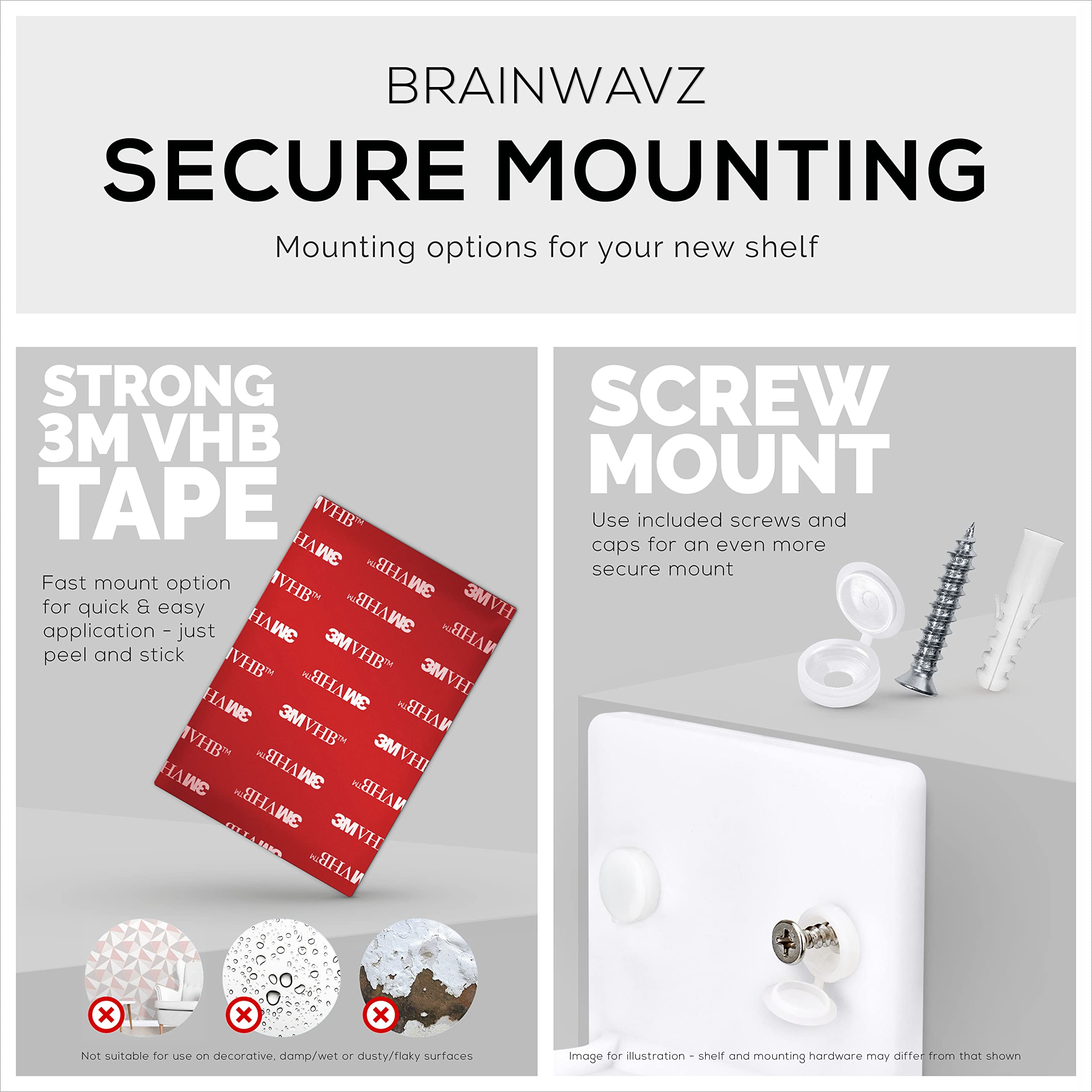 BRAINWAVZ 4 Inch Small Floating Shelf - Wall Mount with Adhesive & Screw Installation for Bluetooth Speakers, Cameras, Plants, Toys, Books - Easy to Install White Shelves for Home Office Decor & Organization
