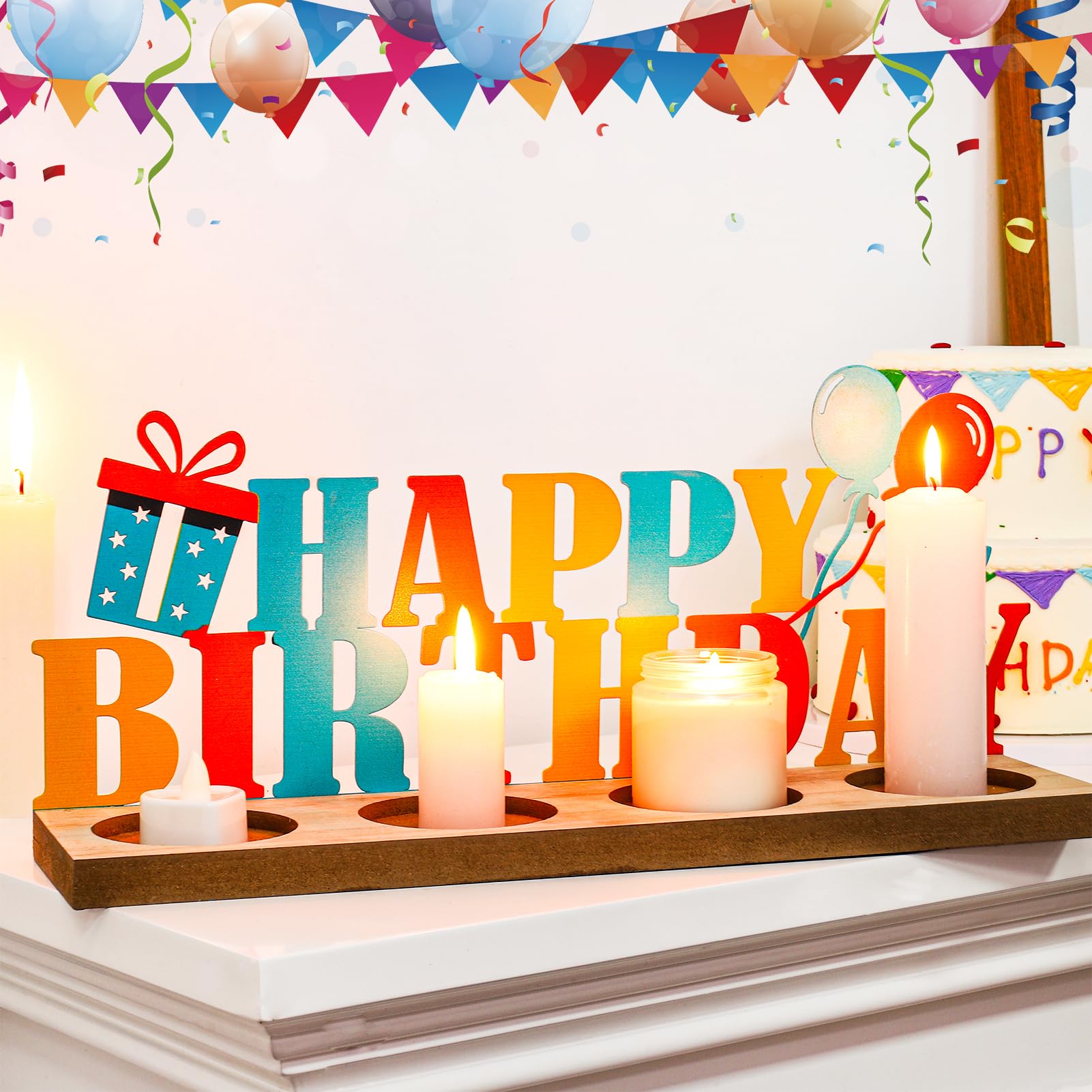 Happy Birthday Candle Holder Set - Tealight Votive Candle Holders with Metal Sign & Wooden Base Tray - Elegant Table Decor for Birthday Parties, Home Decor, Indoor Shelves - Perfect for Celebrations, Dinner Parties & Gift Giving
