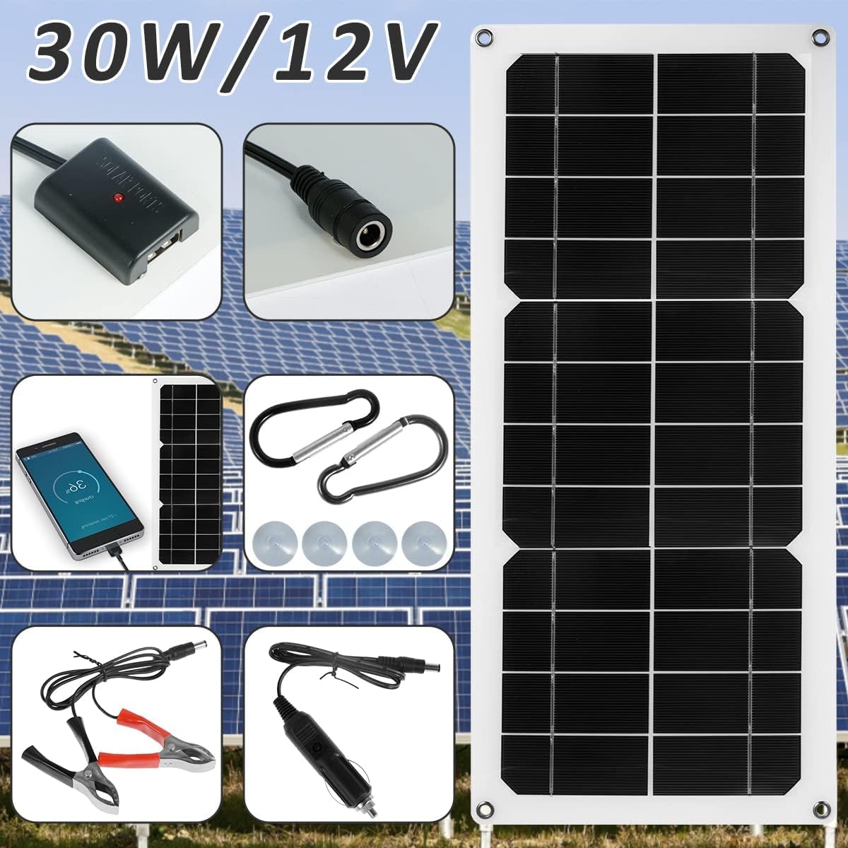 30W Solar Panel Kit - 12V Waterproof Portable Solar Charger with USB Port for RV, Car, Boat, Trailer, Home & Camping | Perfect for Outdoor Adventures, Emergency Power & Off-Grid Living