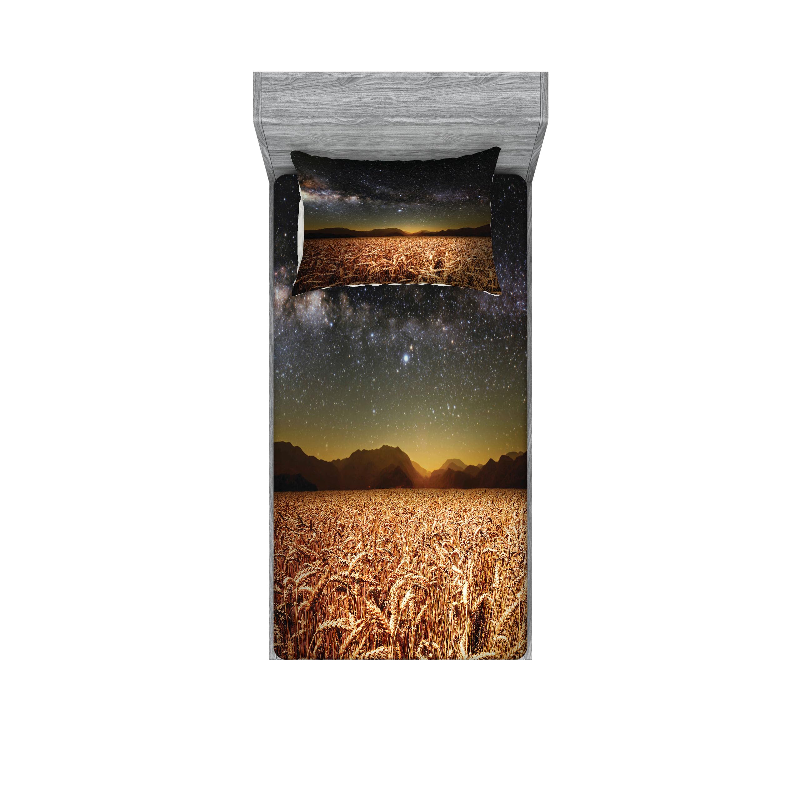 Ambesonne Space Themed Fitted Sheet & Pillow Sham Set - Wheat Field Meadow Under Starry Night Sky with Twilight Harvest Rural Art Print, Decorative 2-Piece Bedding Set for Twin XL, Tan Grey - Perfect for Astronomy Lovers' Bedroom Decor & Cozy Farmhouse Style
