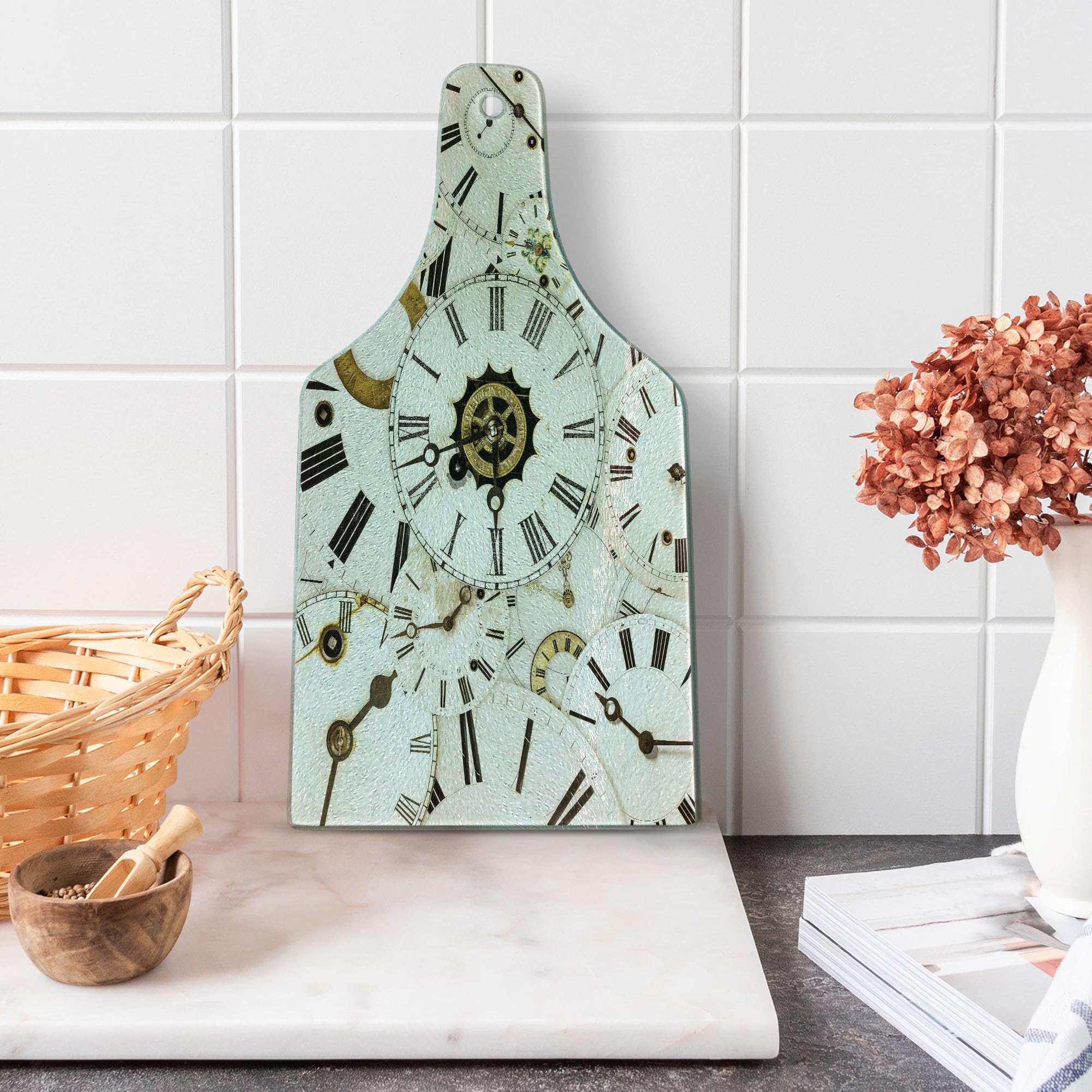 Vintage Clock Face Print Tempered Glass Cutting Board - Antique Analog Time Design, Decorative Serving Board for Cheese, Charcuterie & Wine - White & Black Wine Bottle Shape - Perfect for Kitchen, Dining & Party Entertaining