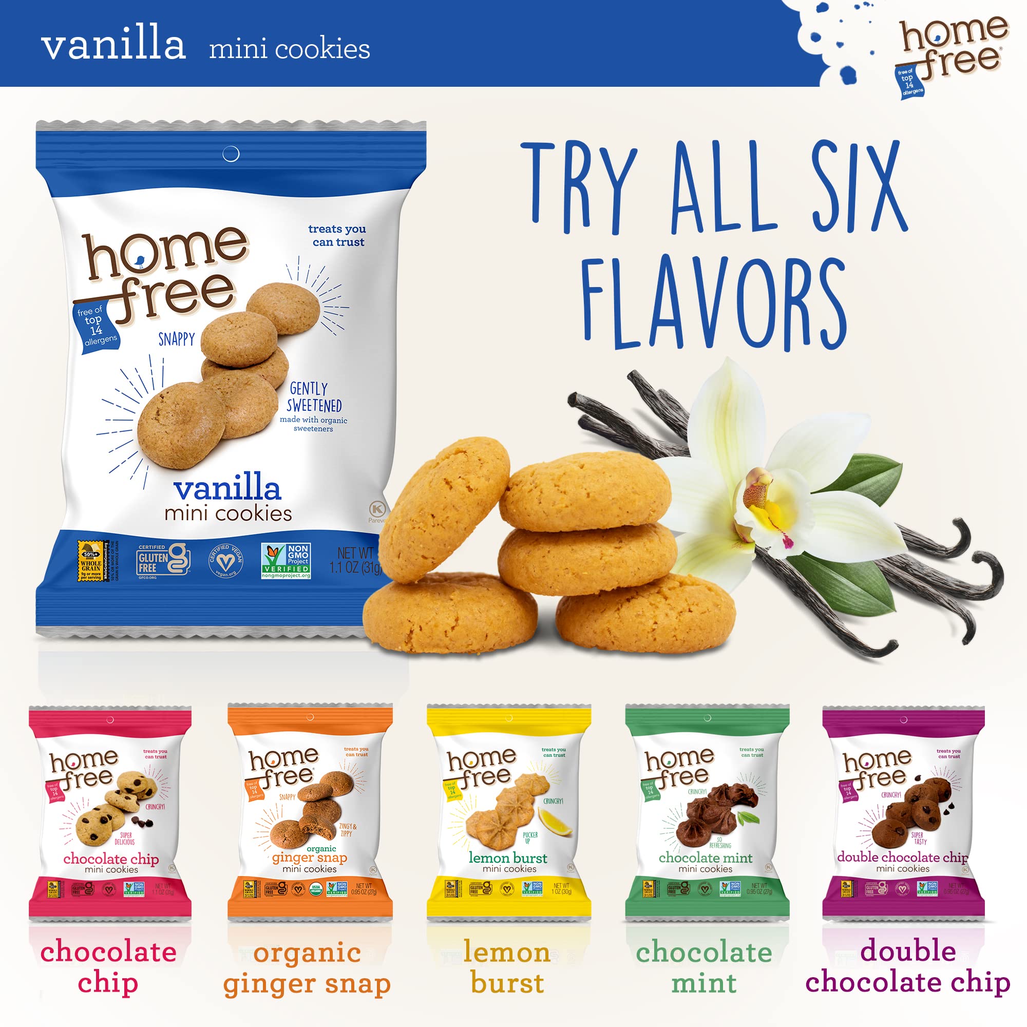 Gluten Free Mini Cookies Vanilla - 70% Organic, Single Serve Snacks (1.1oz, Pack of 64) | Homefree Trusted Treats for School Lunches, Travel & On-the-Go Healthy Snacking