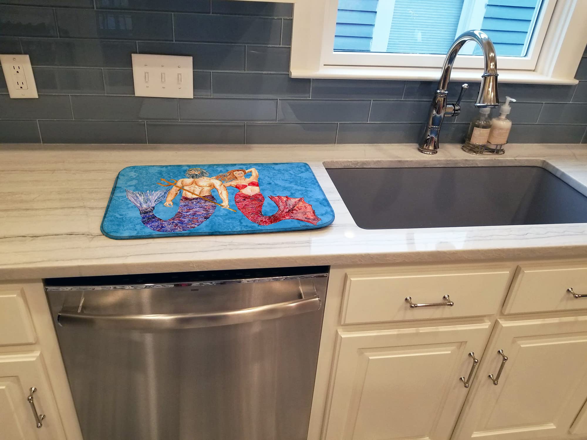 Caroline's Treasures Mermaid and Merman Dish Drying Mat - Absorbent Kitchen Counter Mat for Dishes - 14 x 21 Inch Colorful Non-Slip Drainer Pad - Perfect for Kitchen Countertops, Sink Areas and Dish Drying Stations