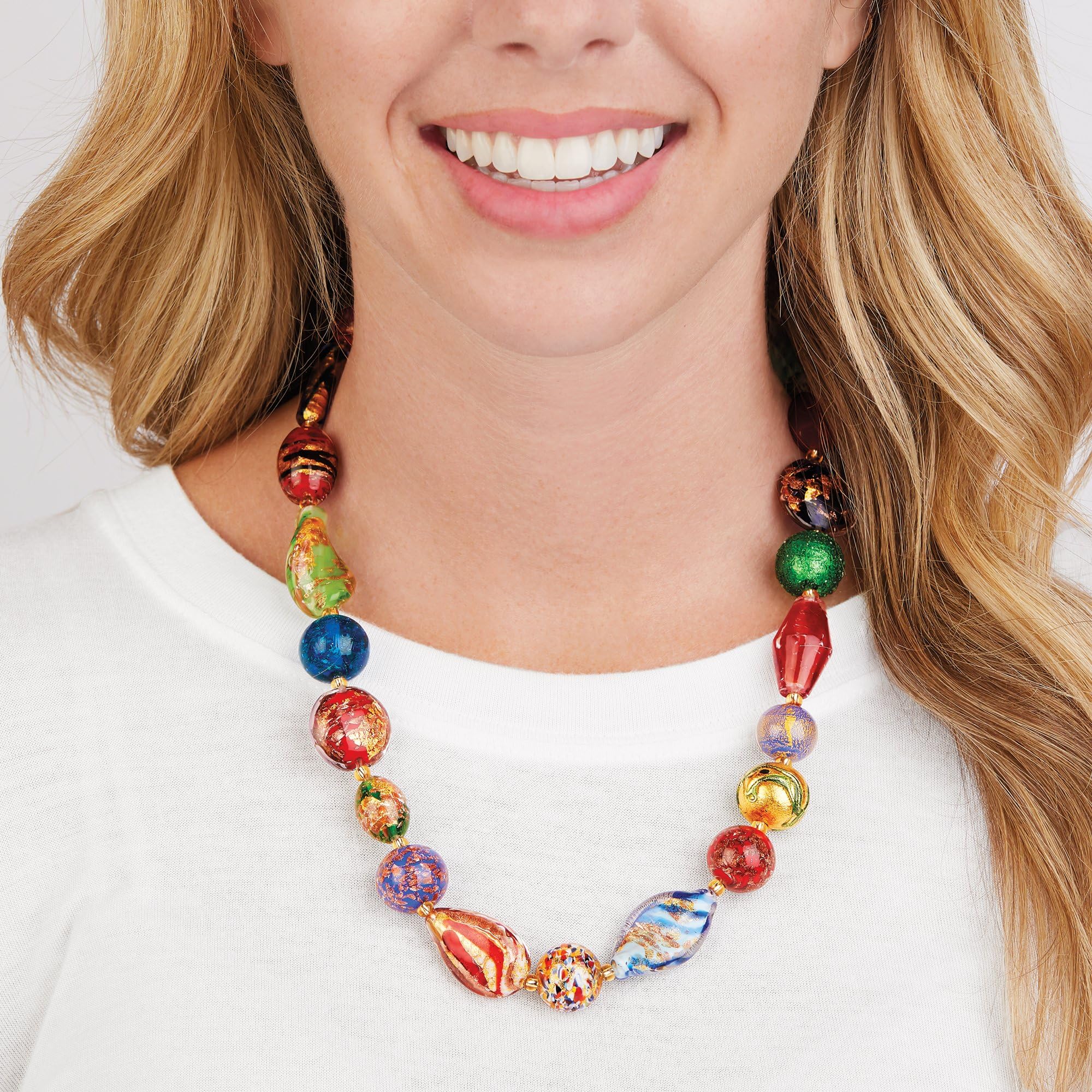 Exquisite Italian Murano Glass Bead Necklace - 18K Gold Over Sterling Silver - Multicolor Handmade Jewelry for Women - Perfect for Weddings, Parties & Special Occasions