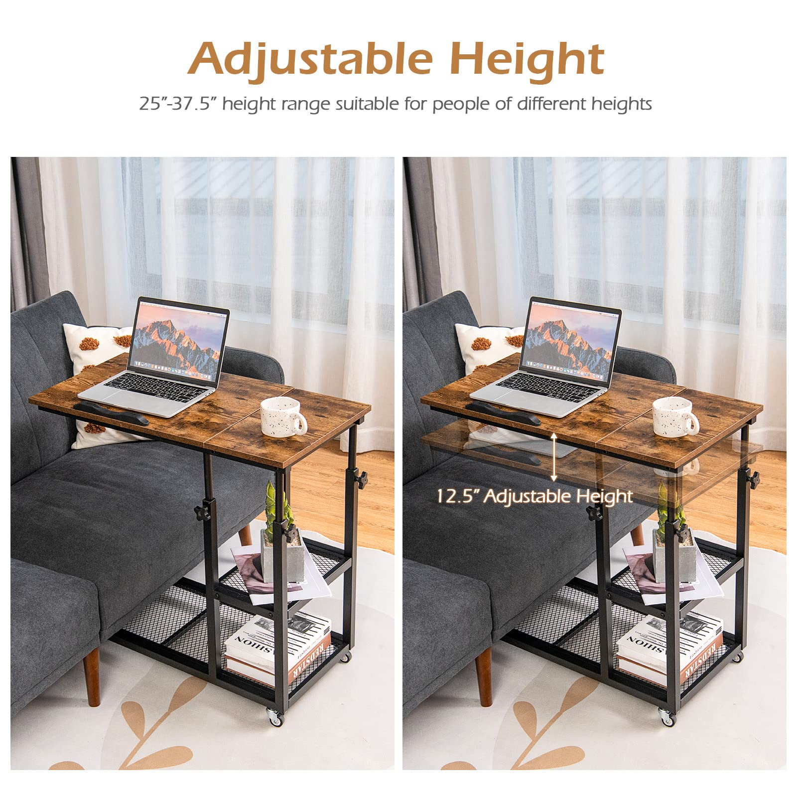 Tangkula Adjustable Height C-Shaped End Table with Lockable Wheels - Mobile Sofa Desk, Tiltable Tabletop, Storage Shelves - Perfect for Living Room, Bedroom, Home Office & Snack Table Use