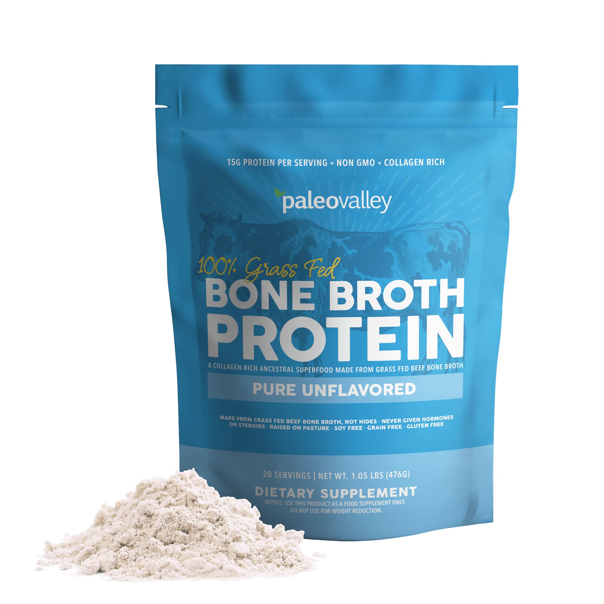 Paleovalley 100% Grass Fed Beef Bone Broth Protein Powder - Collagen Peptides for Hair, Skin & Gut Health - 28 Servings, 15g Protein - Gluten Free, Non-GMO - Perfect for Keto, Paleo & Post-Workout Recovery