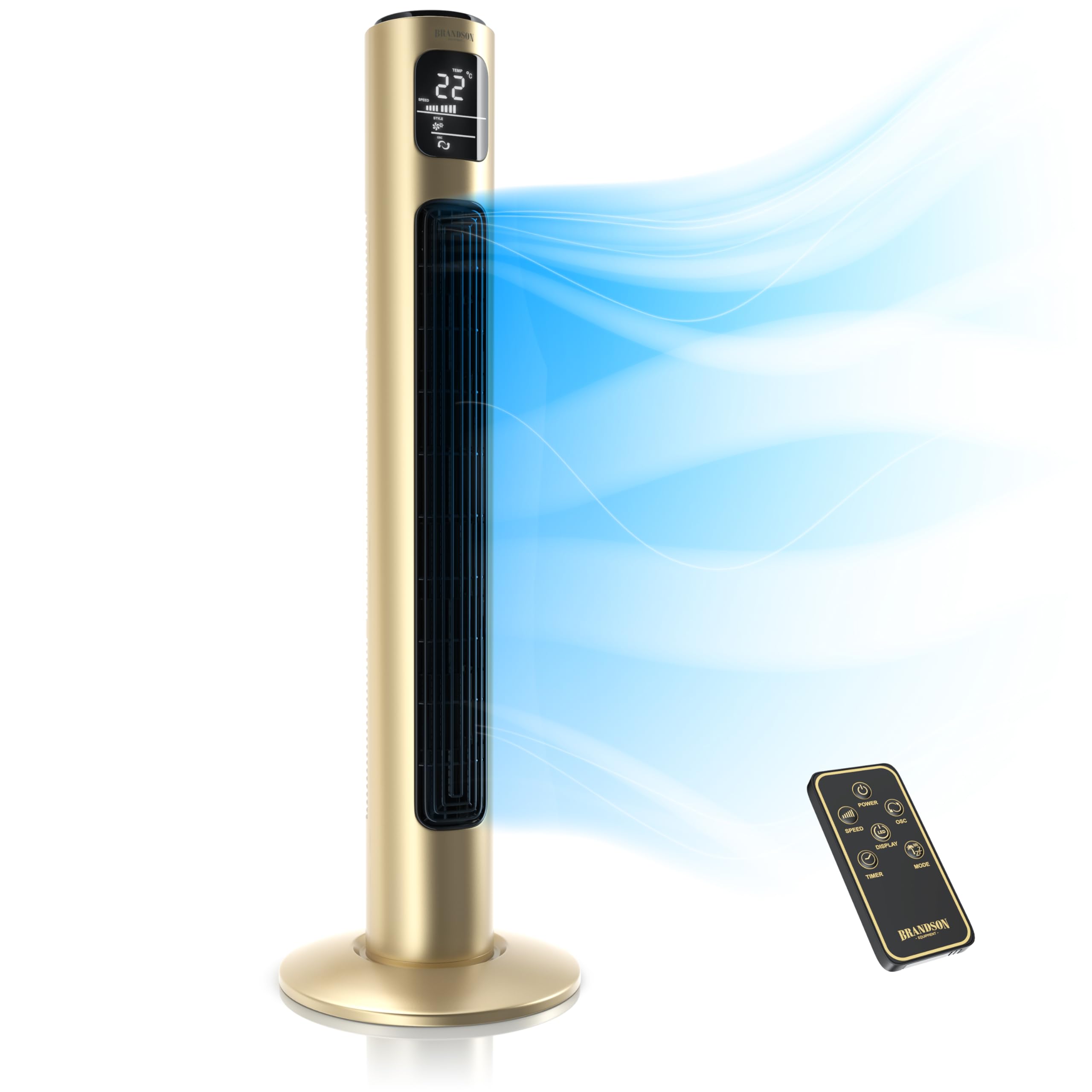 Brandson 32-Inch Tower Fan with Remote Control - 60° Oscillation, 3 Speed Levels, Award Winner 2024 | Floor Standing Column Fan for Bedroom, Living Room & Office | 96cm Champagne GS Certified Cooling Fan