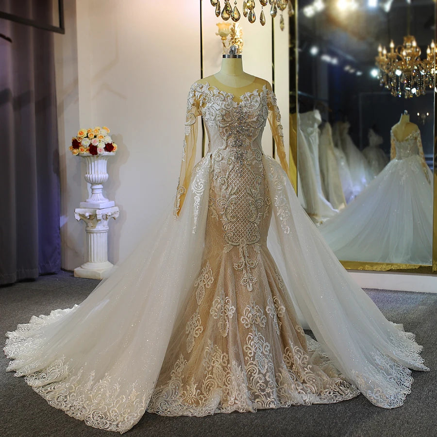 Elegant Mermaid Wedding Gown with Detachable Train & Long Sleeves - Perfect for Beach, Church, and Formal Wedding Ceremonies