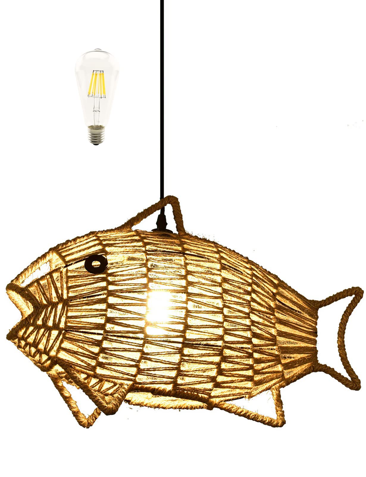 AyshwillDec Boho Woven Pendant Light - Fish-Shaped Rattan Chandelier with Hemp Rope for Farmhouse, Rustic Home Decor - Perfect for Dining Room, Living Room, Bedroom, Kitchen & Entryway (Includes Bulb) - Create Cozy Ambiance for Dinner Parties & Relaxing Evenings