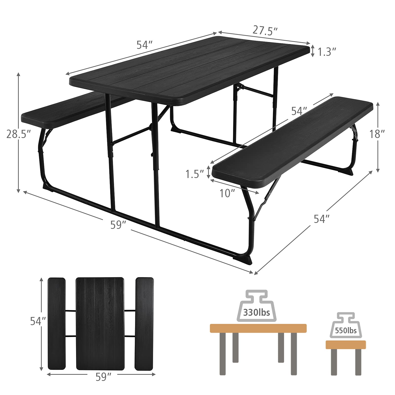 Gymax 550 LBS Capacity Folding Picnic Table with Benches - Weather-Resistant Portable Outdoor Picnic Table for Patio, Deck, BBQ, Camping & Backyard Gatherings - Easy Setup Wood-Like Design (Black)