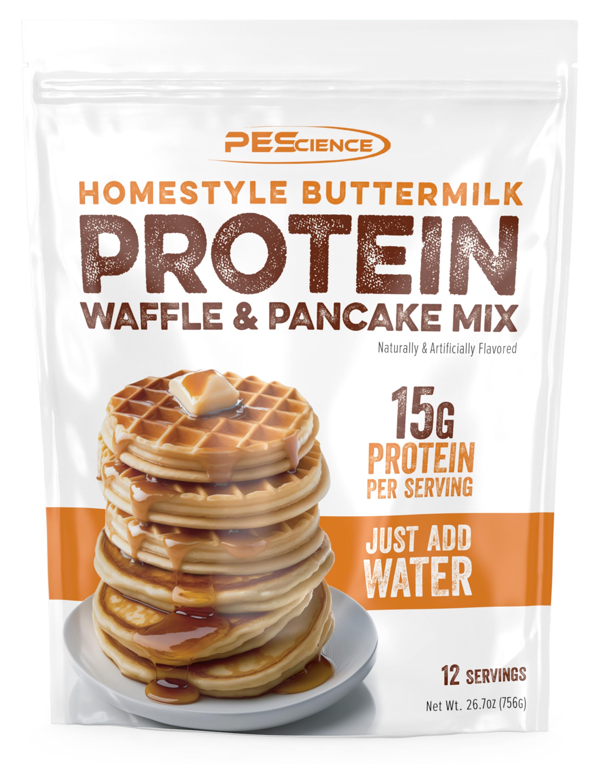 PEScience High Protein Pancake & Waffle Mix - Buttermilk Flavor, 15g Protein per Serving, 12 Servings, Just Add Water | Perfect for Breakfast, Bodybuilding & Post-Workout Recovery