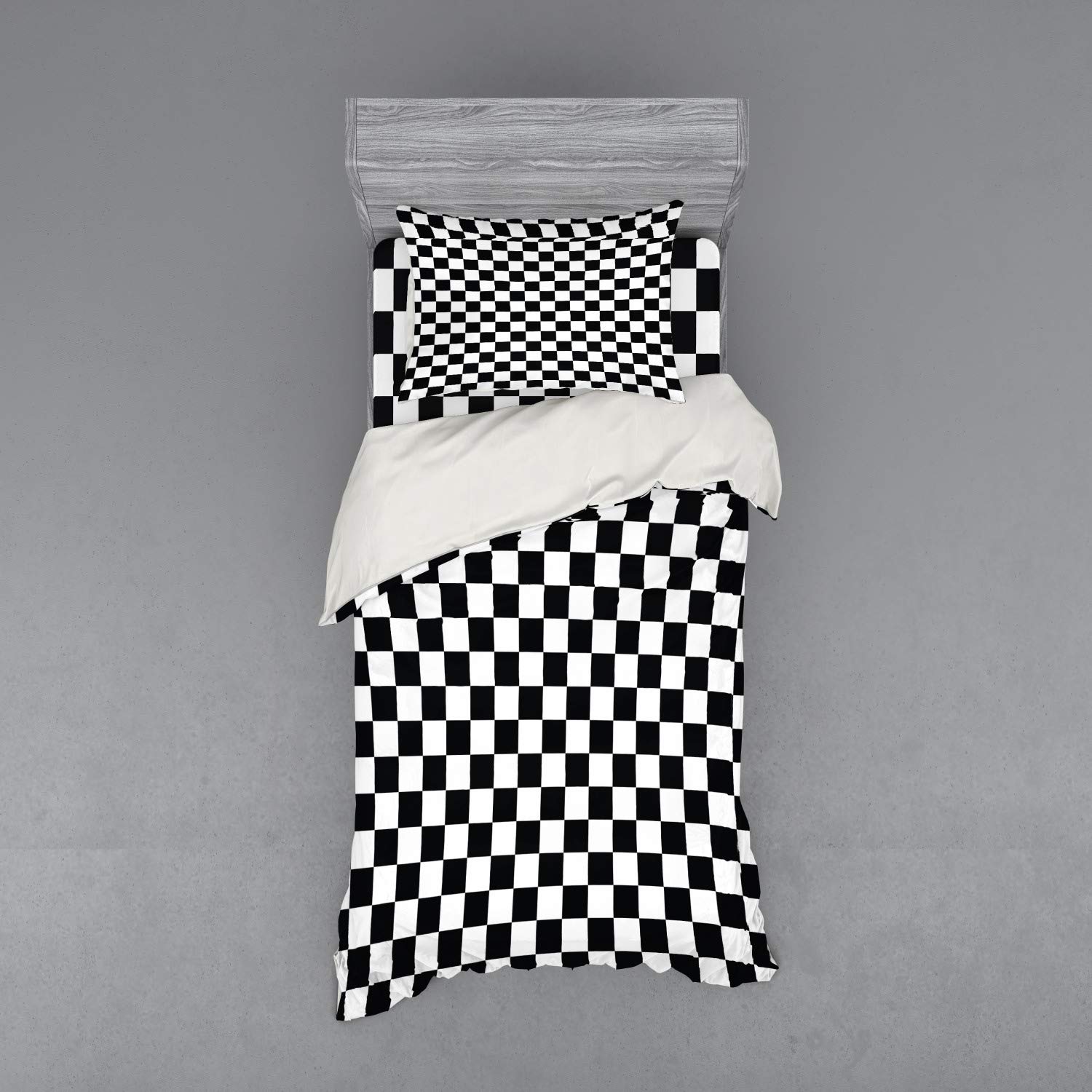 Ambesonne Checkers Game Duvet Cover Set - Black & White Geometric Grid Design, 3-Piece Twin XL Bedding with Sham & Fitted Sheet | Perfect for Kids Rooms, Game Themed Bedrooms & Checkers Lovers
