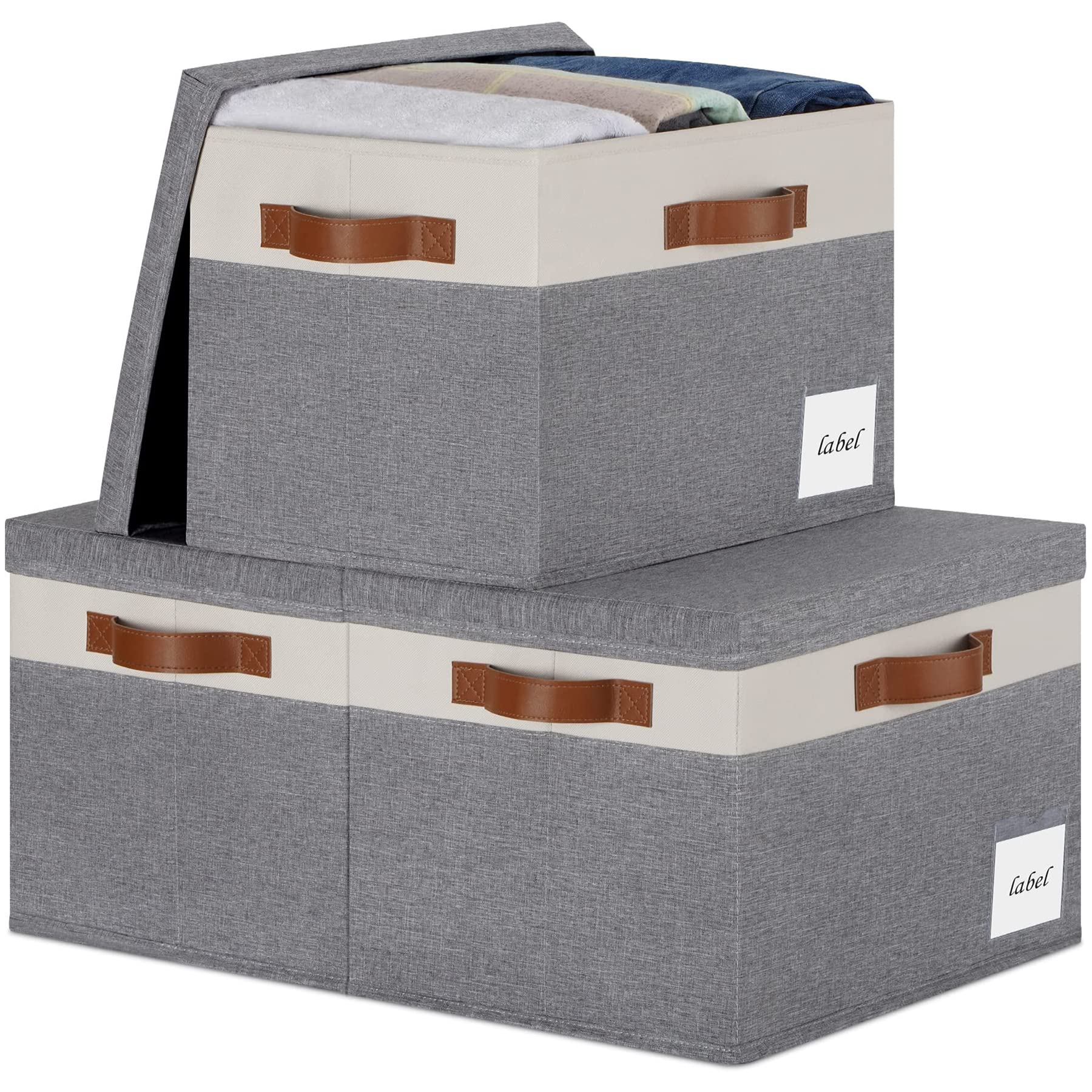 Extra Large Foldable Storage Bins with Lids - 32L Fabric Storage Baskets with PU Handles & Labels - 3-Pack Grey & White Organizer Boxes for Closet, Bedroom, Office & Home Organization