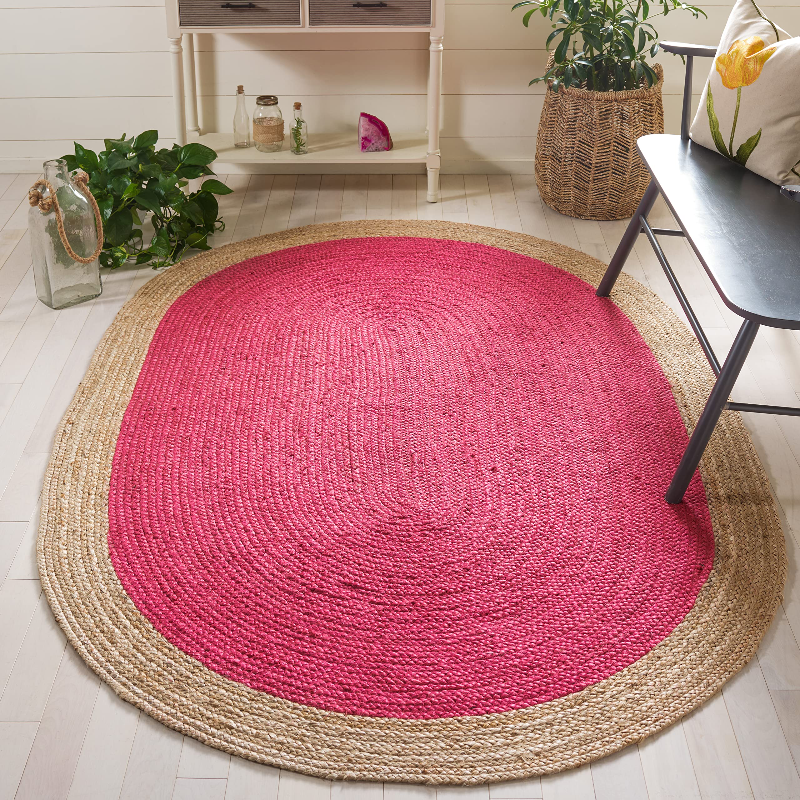 SAFAVIEH Natural Fiber Collection Handmade Boho Braided Jute Area Rug - 6' x 9' Oval, Fuchsia & Natural, Non-Slip Floor Mat for High Traffic Areas | Perfect for Living Room, Bedroom, Dining Room & Home Decor (NF801C)