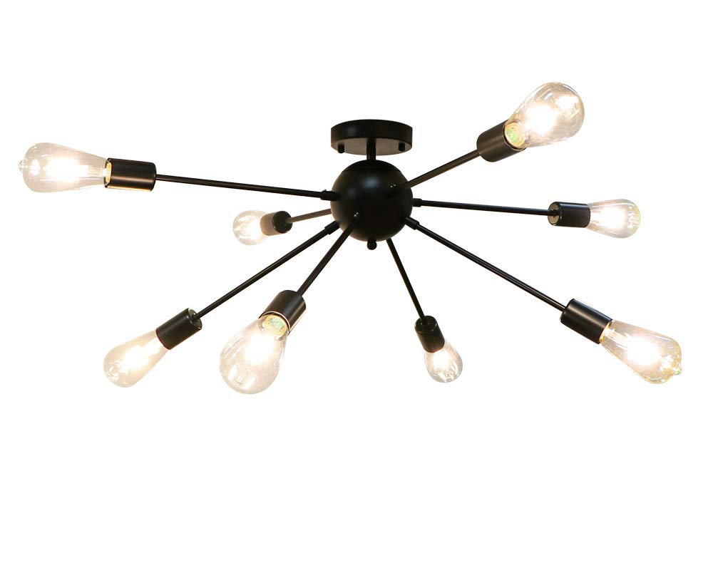 LynPon Black 8-Light Semi Flush Mount Ceiling Light Fixture - Retro Industrial Sputnik Chandelier for Kitchen, Living Room, Dining Room, Bedroom & Hallway | Vintage Lighting for Modern Homes & Commercial Spaces