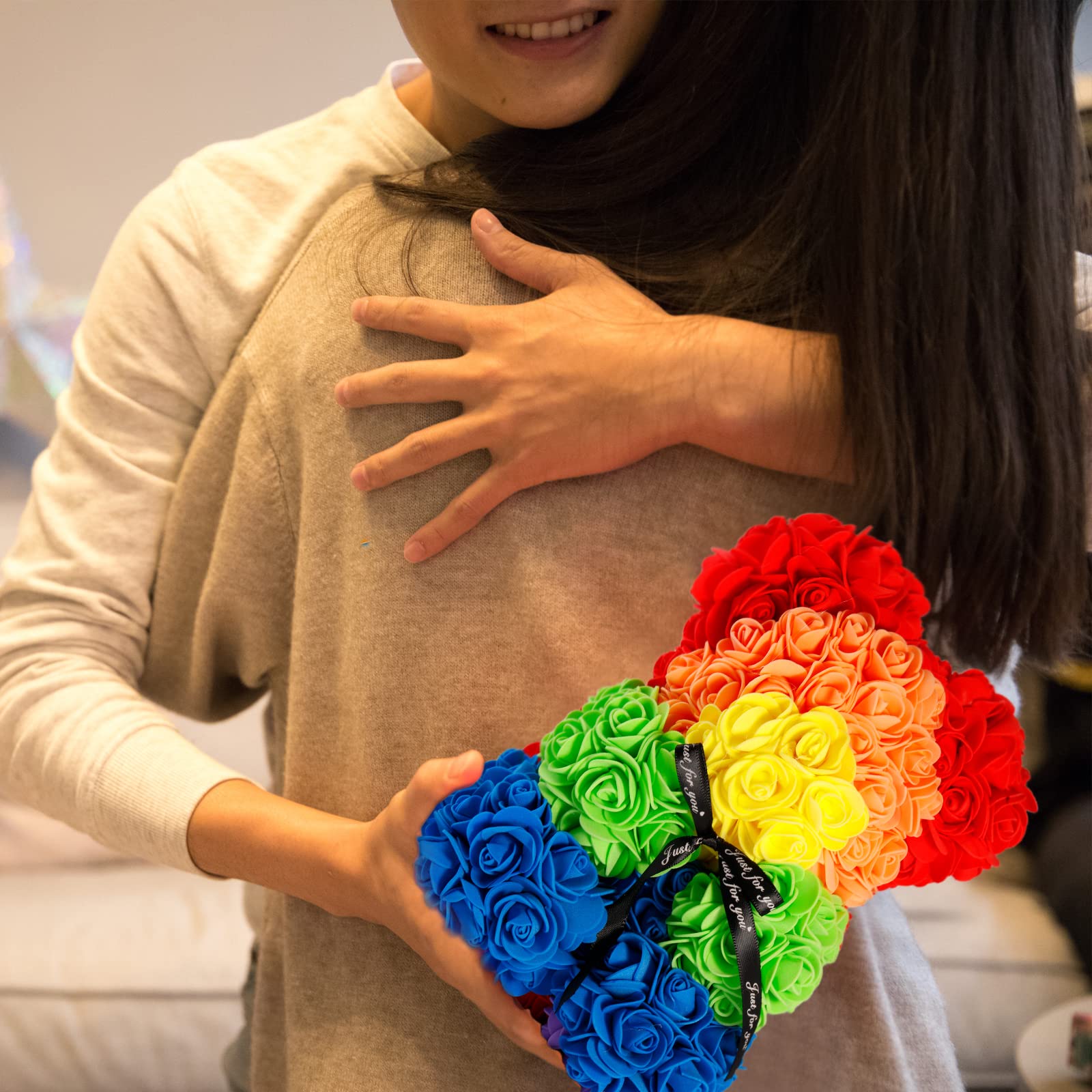 10 Inch Artificial Rose Flower Bear - Romantic Rainbow Gift for Christmas, Graduation, Valentine's Day, Mother's Day, Anniversary, Birthday & Wedding - Perfect for Home Decor, Party Centerpieces & Surprise Gifts
