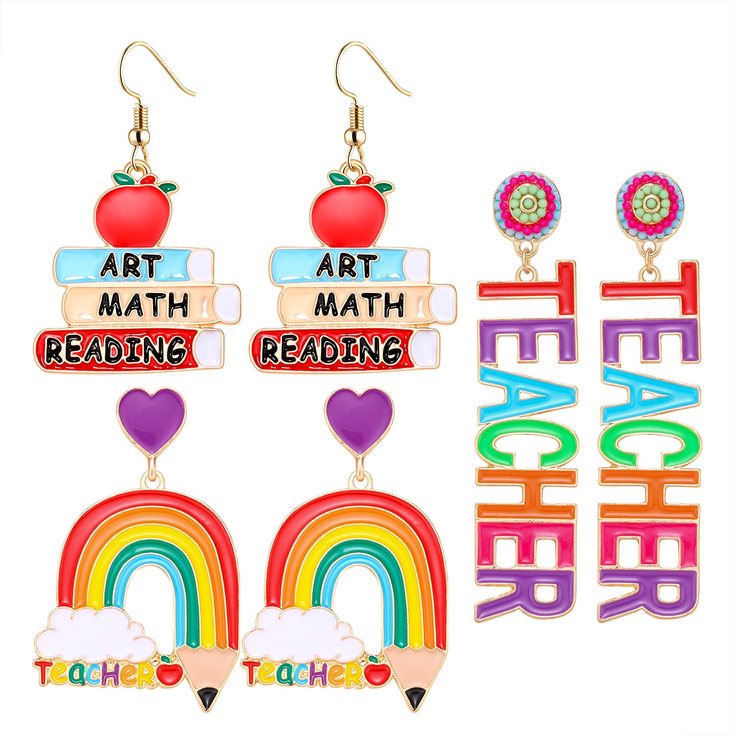 Colorful Rainbow Pencil Drop Earrings - 3 Pairs Teacher Beaded Jewelry Set for Women | Perfect for Teacher Appreciation Gifts, Back to School, and Classroom Accessories