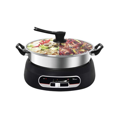 5 Quart 2-Way Divided Hot Pot with 1600W Rapid Heating - Adjustable Temperature Control & Durable Stainless Steel Pot - Glass Lid with Safety Handle - Perfect for Family Dinners, Parties & Asian Cuisine Cooking