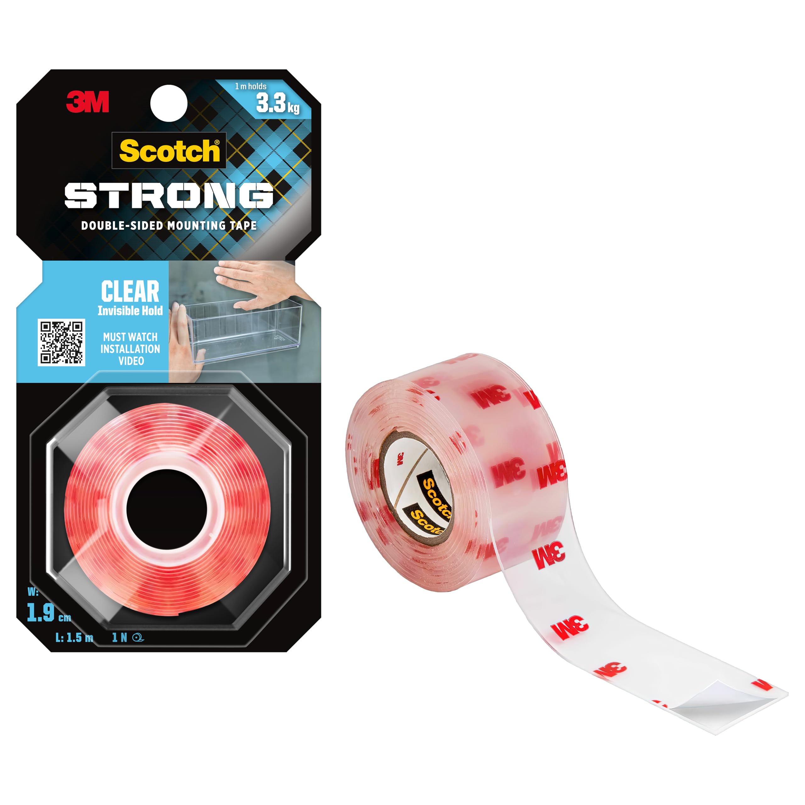 Scotch Clear Double-Sided Heavy Duty Tape - 3.3kg/Meter Strong Adhesive for Walls, Wood & Uneven Surfaces | Invisible Mounting Solution for Home Decor, Picture Hanging & DIY Projects