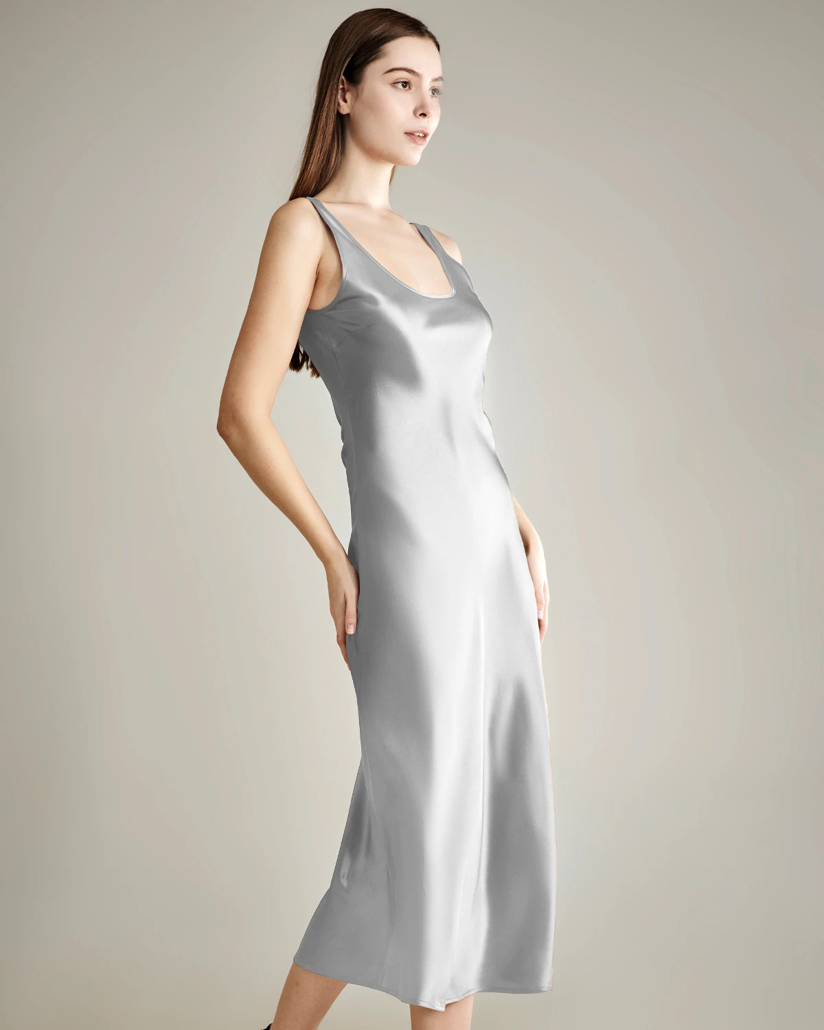 Elegant Scoop Neck Midi Silk Slip Dress for Women - Comfortable & Luxurious Nightwear, Loungewear & Evening Wear