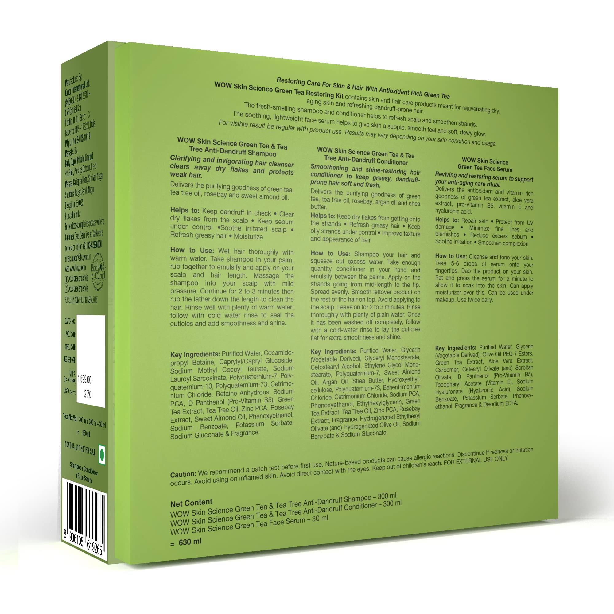 WOW Skin Science Green Tea Restoring Gift Kit for Men & Women - Premium Luxury Skin & Hair Care Set with Shampoo, Conditioner & Face Serum (3-Piece Combo) | Perfect for Diwali Gifts, Spa Days & Self-Care Routines