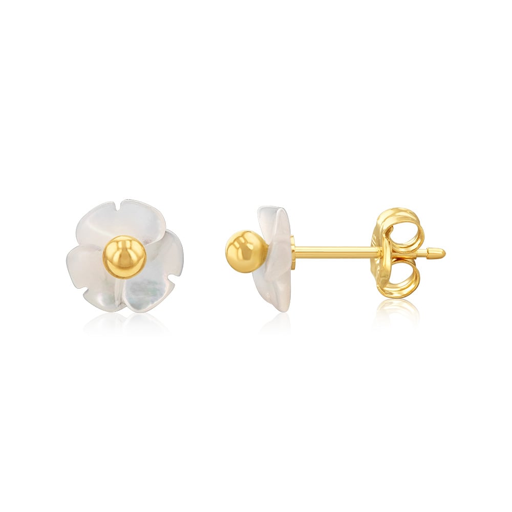9ct Yellow Gold 6mm Mother of Pearl Flower Stud Earrings for Women - Elegant Pearl Floral Jewelry Gift for Birthday, Anniversary & Special Occasions