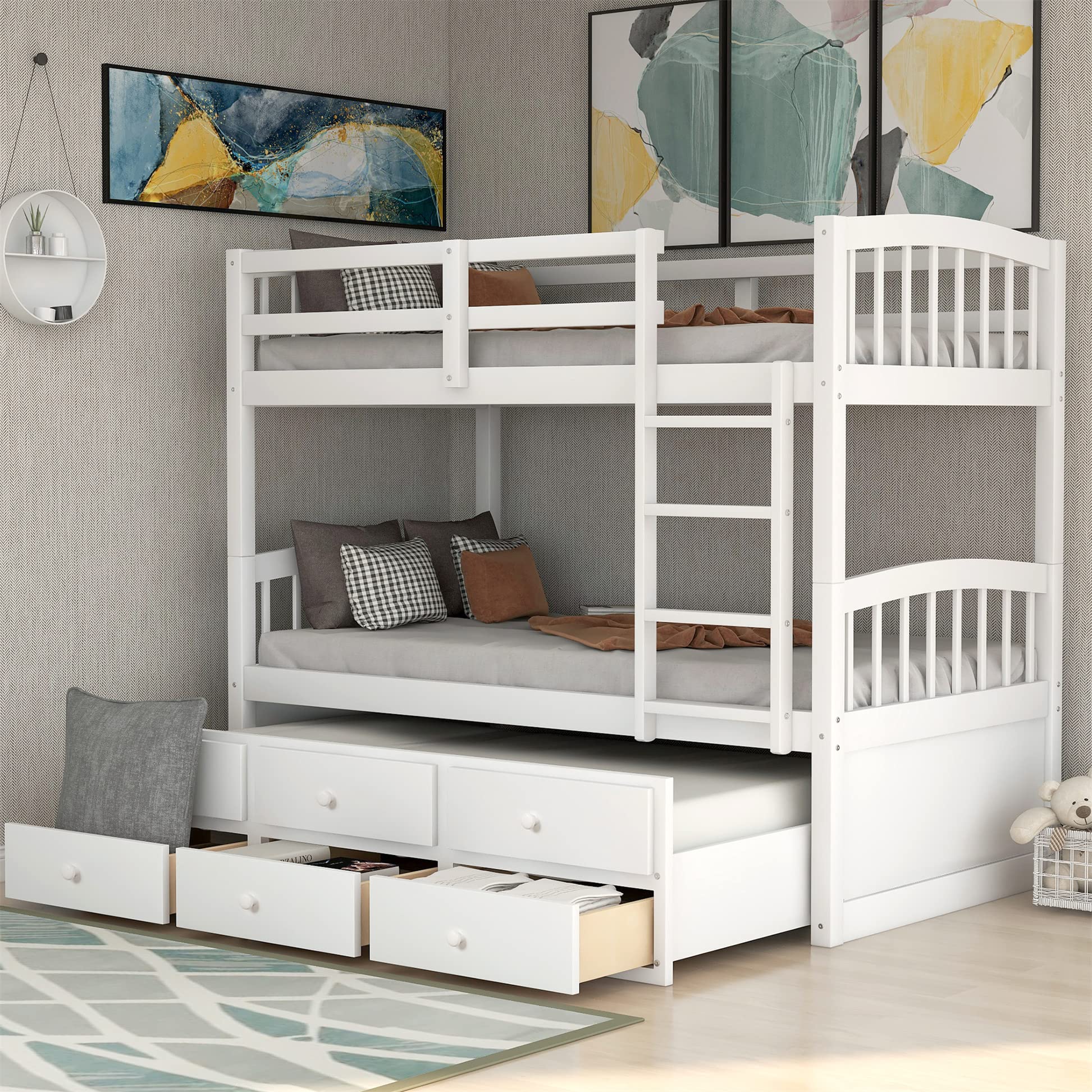 Twin Bunk Bed with Trundle & Storage - Convertible to 2 Beds - Kids Bedroom Furniture (White)