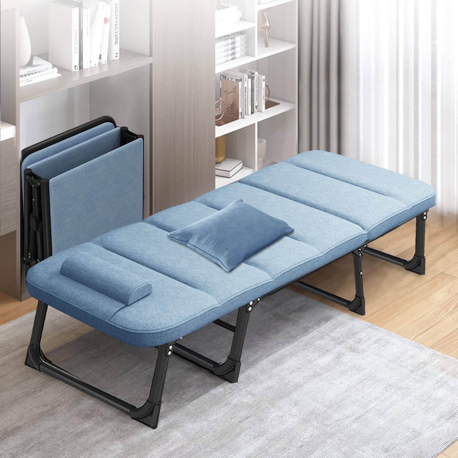 Slsy Foldable Guest Bed with Comfortable Mattress - Portable Folding Bed for Adults, Indoor & Outdoor Use, Travel & Office Sleeper, Supports 400lbs (Blue with Pad) - Perfect for Camping, Guest Rooms & Small Spaces