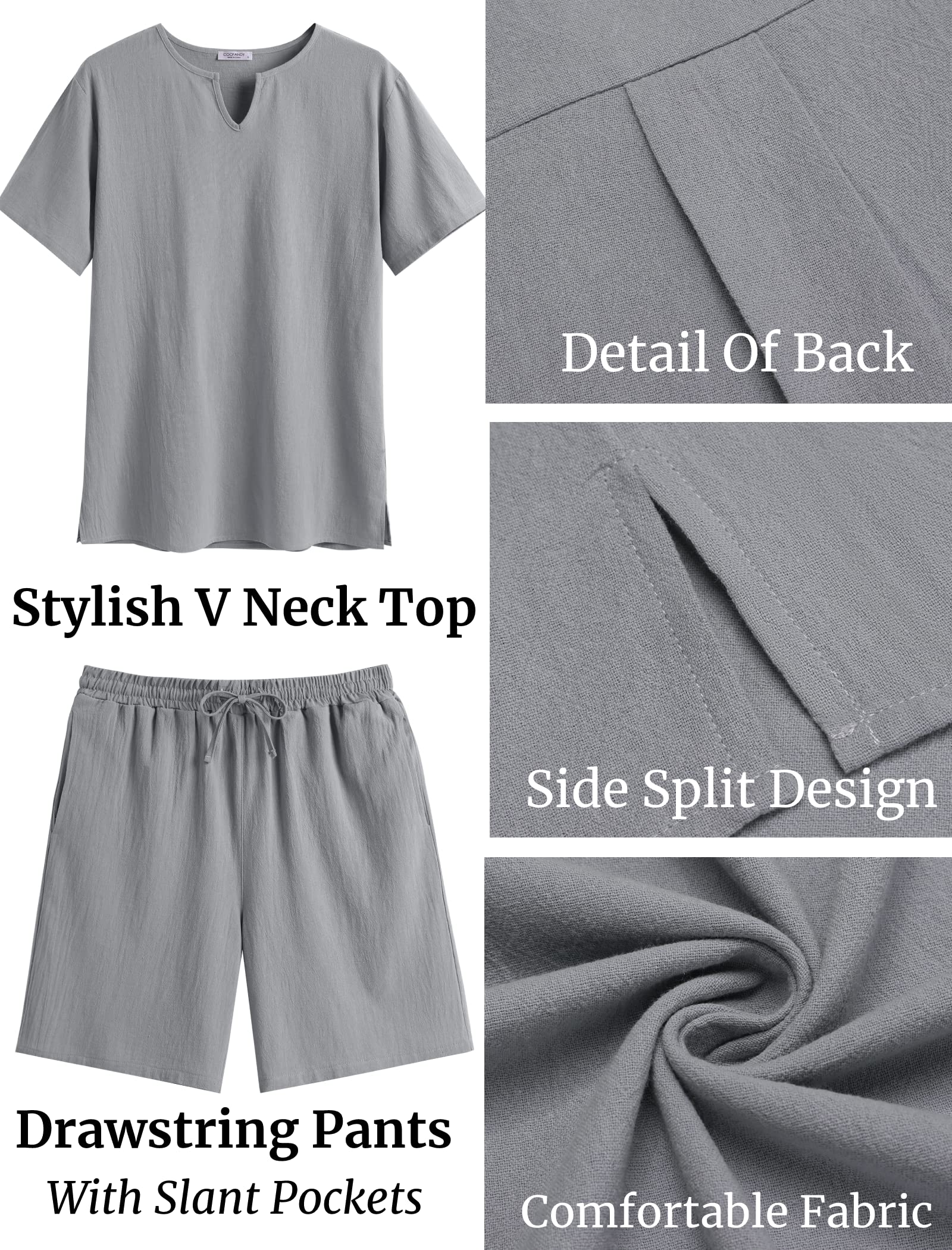COOFANDY Men's 2-Piece Cotton Linen Summer Outfit - Short Sleeve V-Neck Shirt & Drawstring Casual Pants with Pockets | Beachwear, Vacation, Lounge & Street Style Fashion