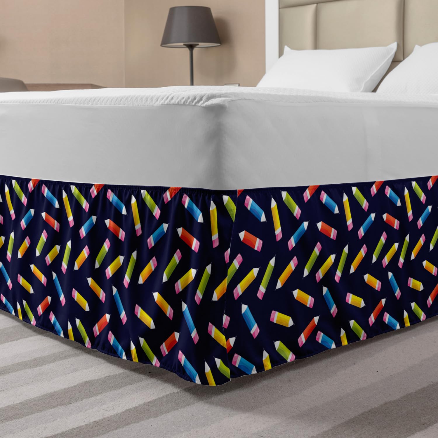 Ambesonne Colorful Bed Skirt - Back to Color Pencils Artist Design | Elastic Dust Ruffle Wrap Around Bedskirt for King Size Beds | Indigo & Multicolor | Perfect for Bedroom Decor & Guest Room Styling