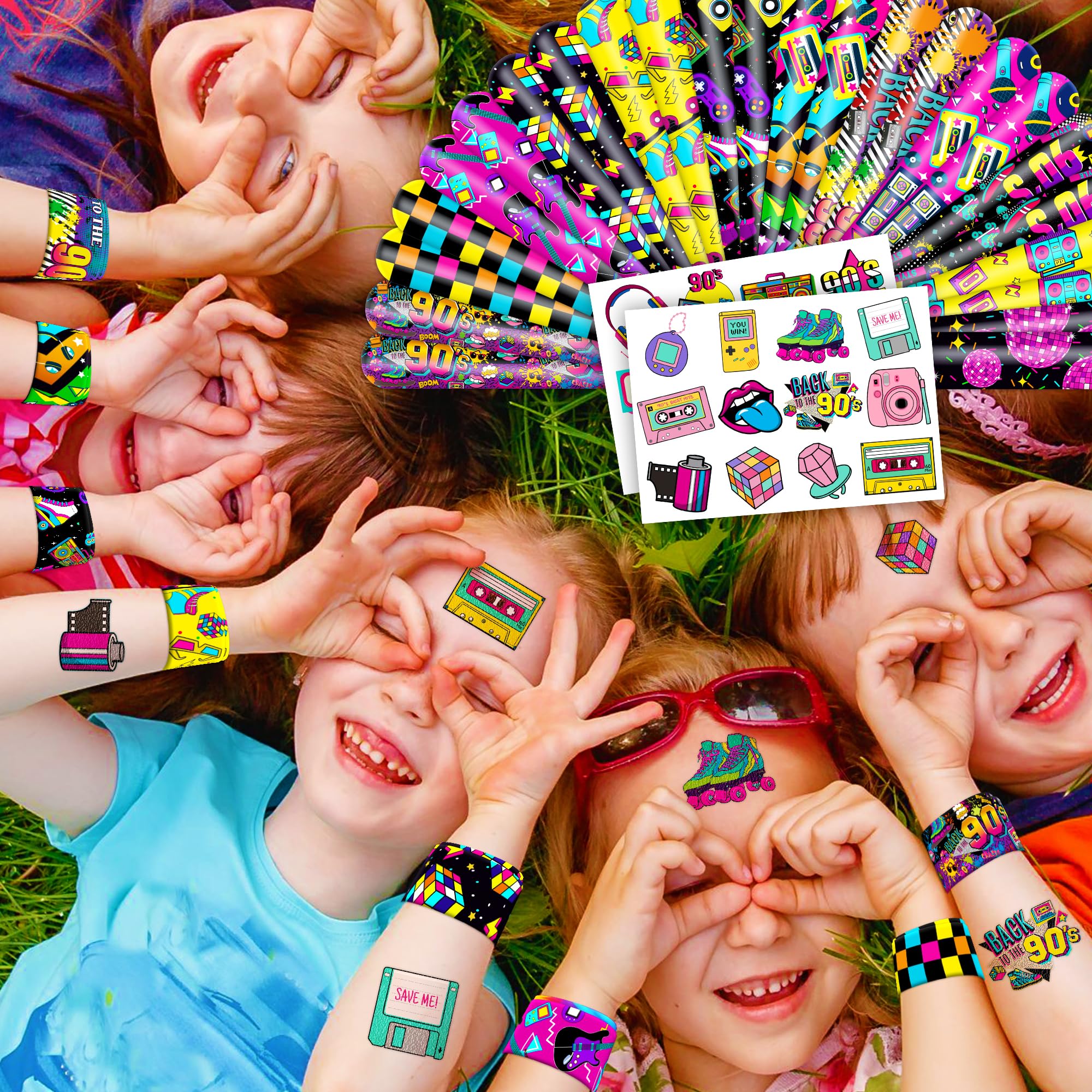 48PCS 90s & 80s Party Favors - 24PCS Temporary Tattoos & 24PCS Slap Bracelets, Retro 90s Birthday Party Supplies Decorations for Kids, Classroom Prizes & Rewards for Boys & Girls - Perfect for 90s Theme Parties, School Events & Birthday Gifts