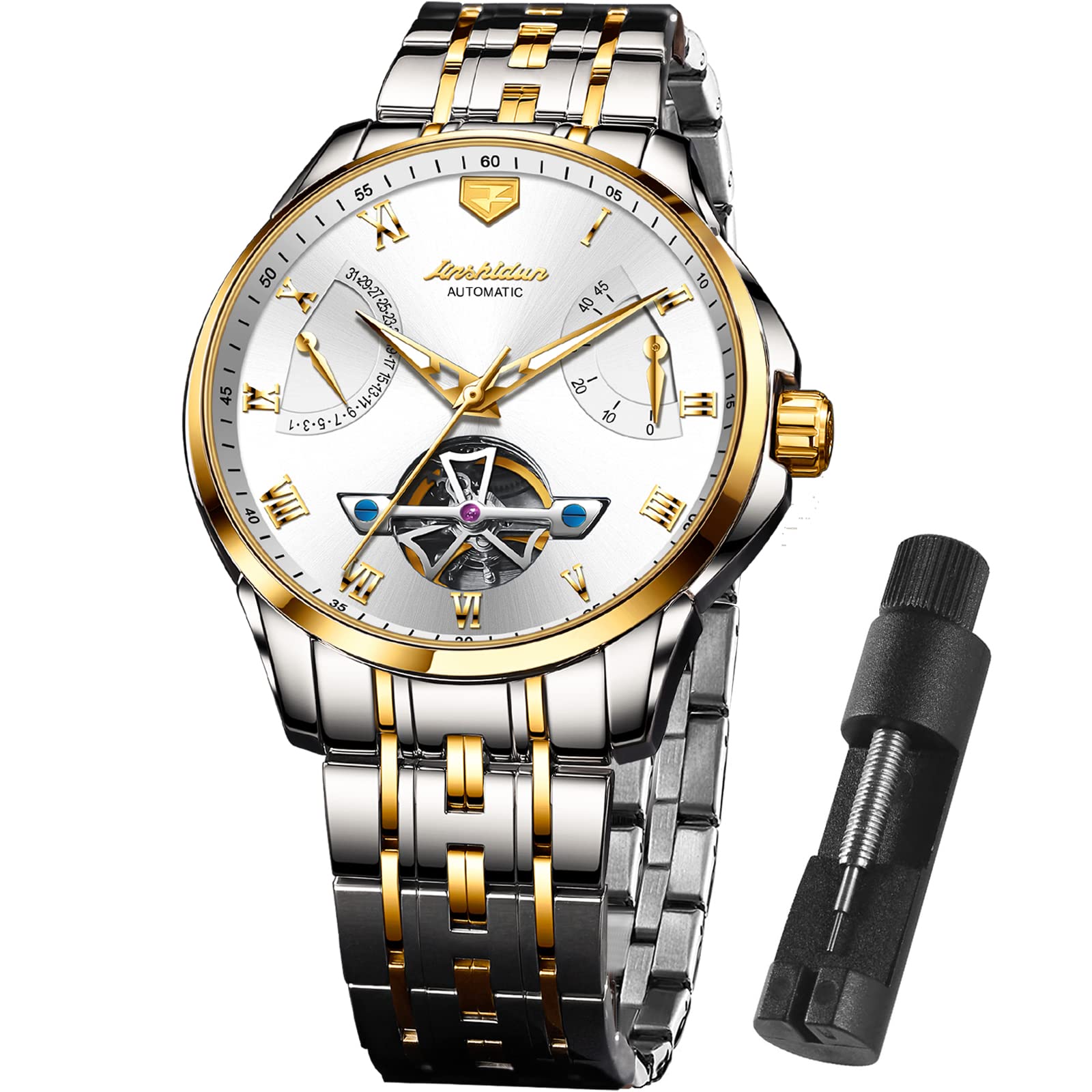 OLEVS Men's Pro Diver Automatic Mechanical Watch - Two Tone Stainless Steel Strap, Waterproof Luxury Watch for Men | Perfect for Diving, Business & Formal Occasions