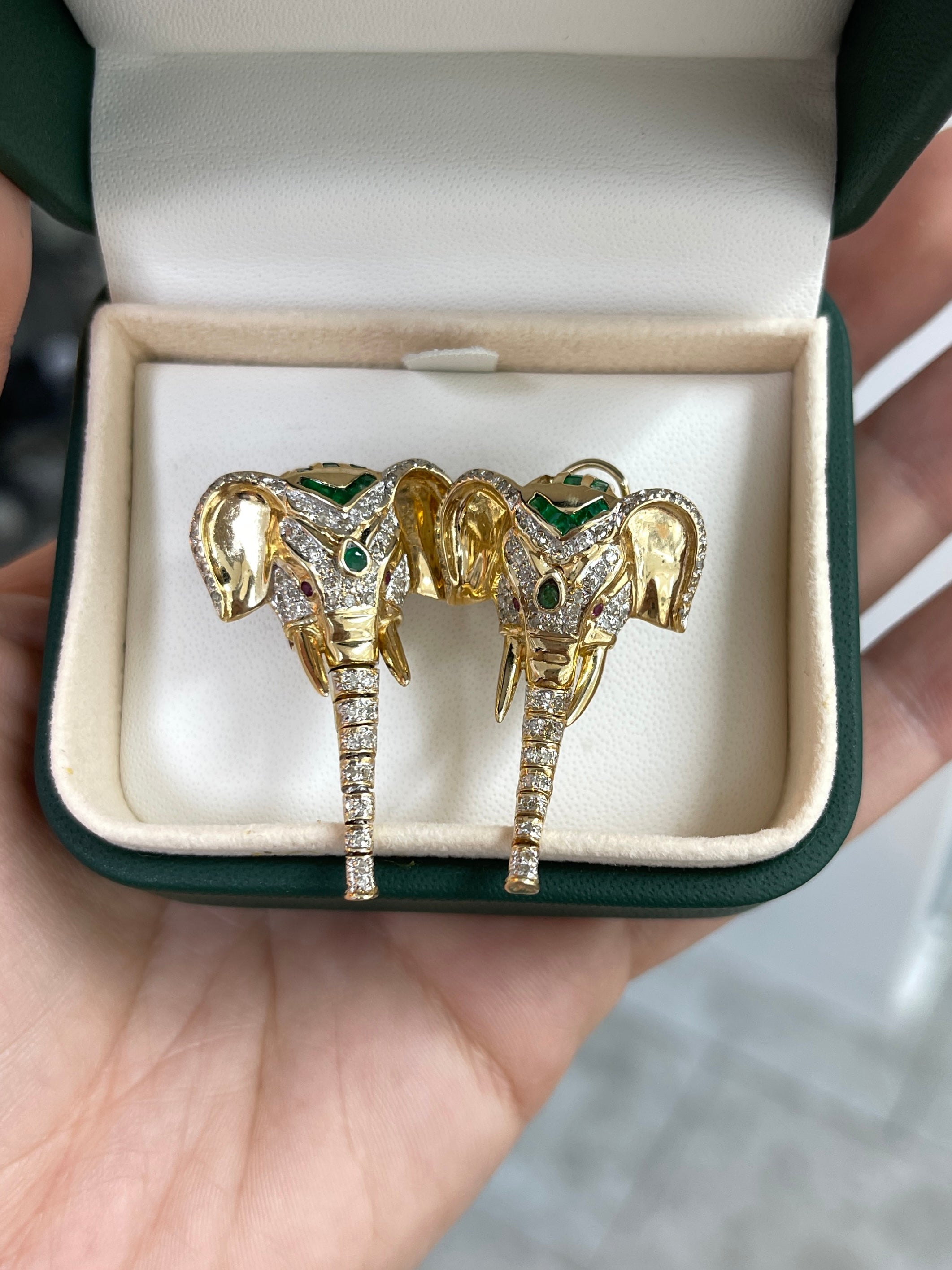 0.91tcw 14K Gold Elephant Earrings with Diamonds, Rubies & Emeralds - Moving Trunk Design for Women | Perfect Gift for Birthday, Anniversary & Special Occasions