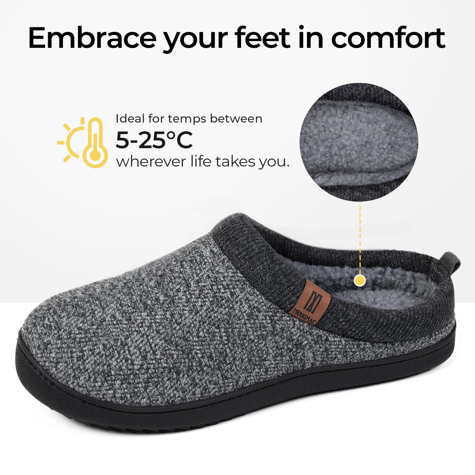 **MERRIMAC Men's Slip-On Slippers with Memory Foam - Comfortable Non-Slip Indoor House Shoes for Relaxing at Home**    *使用场景: Perfect for lounging, casual wear, or as cozy house shoes for ultimate comfort at home.*