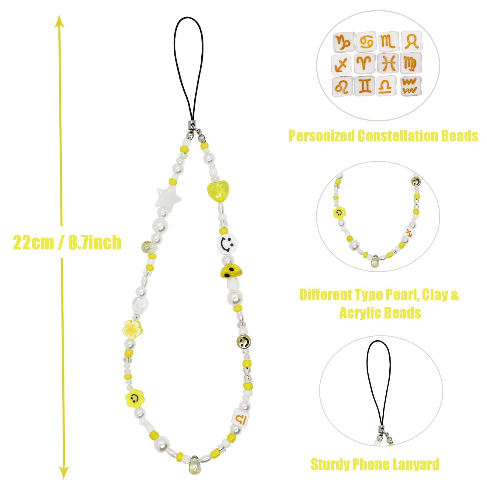 Beaded Phone Charm & Lanyard Wrist Strap - Polymer Clay Smiley Face Beads Bracelet Keychain Jewelry Accessory - Perfect for Cell Phone, Keys & Purse Organization (Gift Idea)
