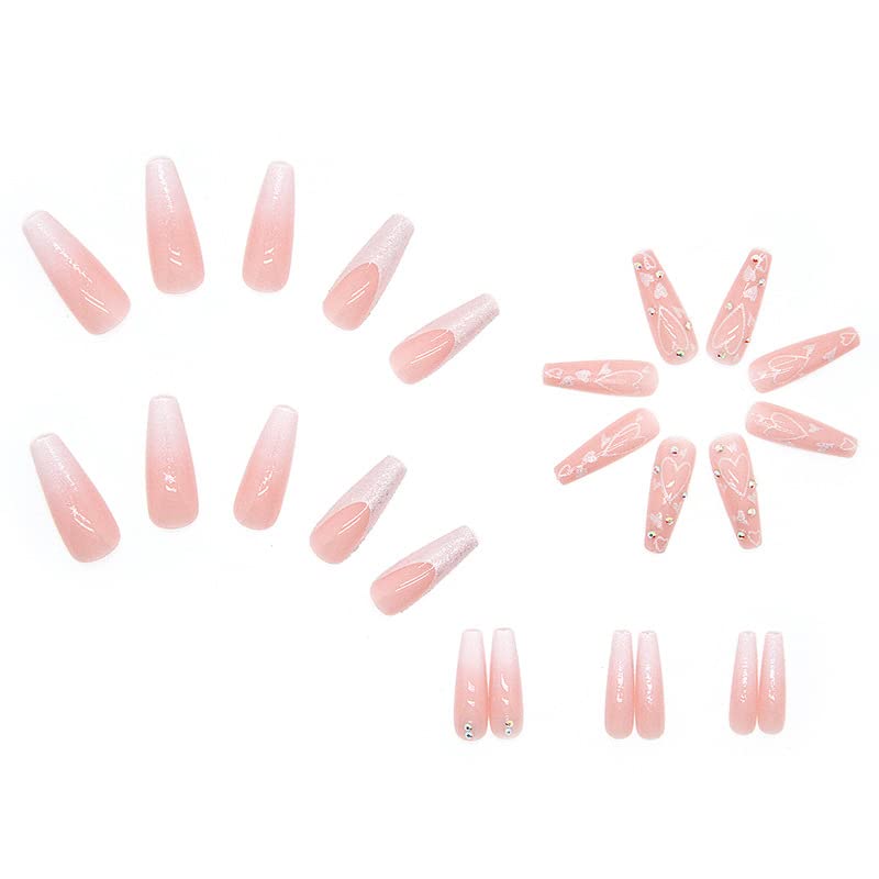 Extra Long Coffin Press On Nails - Pink Ombre Glitter False Nails with White Swirl & Heart Rhinestones - 24Pcs Glossy Acrylic Stick On Nails for Women & Girls - Perfect for Parties, Weddings & Special Occasions