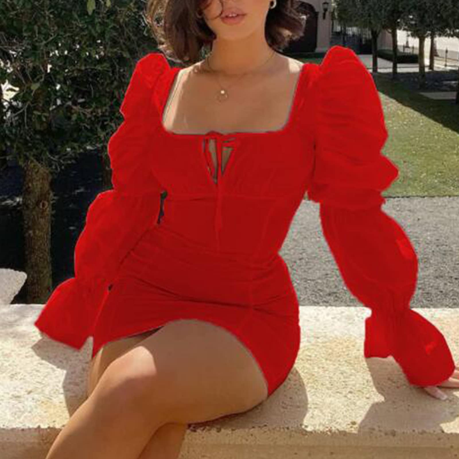 Zyyfly Women's Sexy Long Puff Sleeve Bodycon Mini Dress - Square Neck Party Dress for Night Out, Club, Date Night & Special Occasions