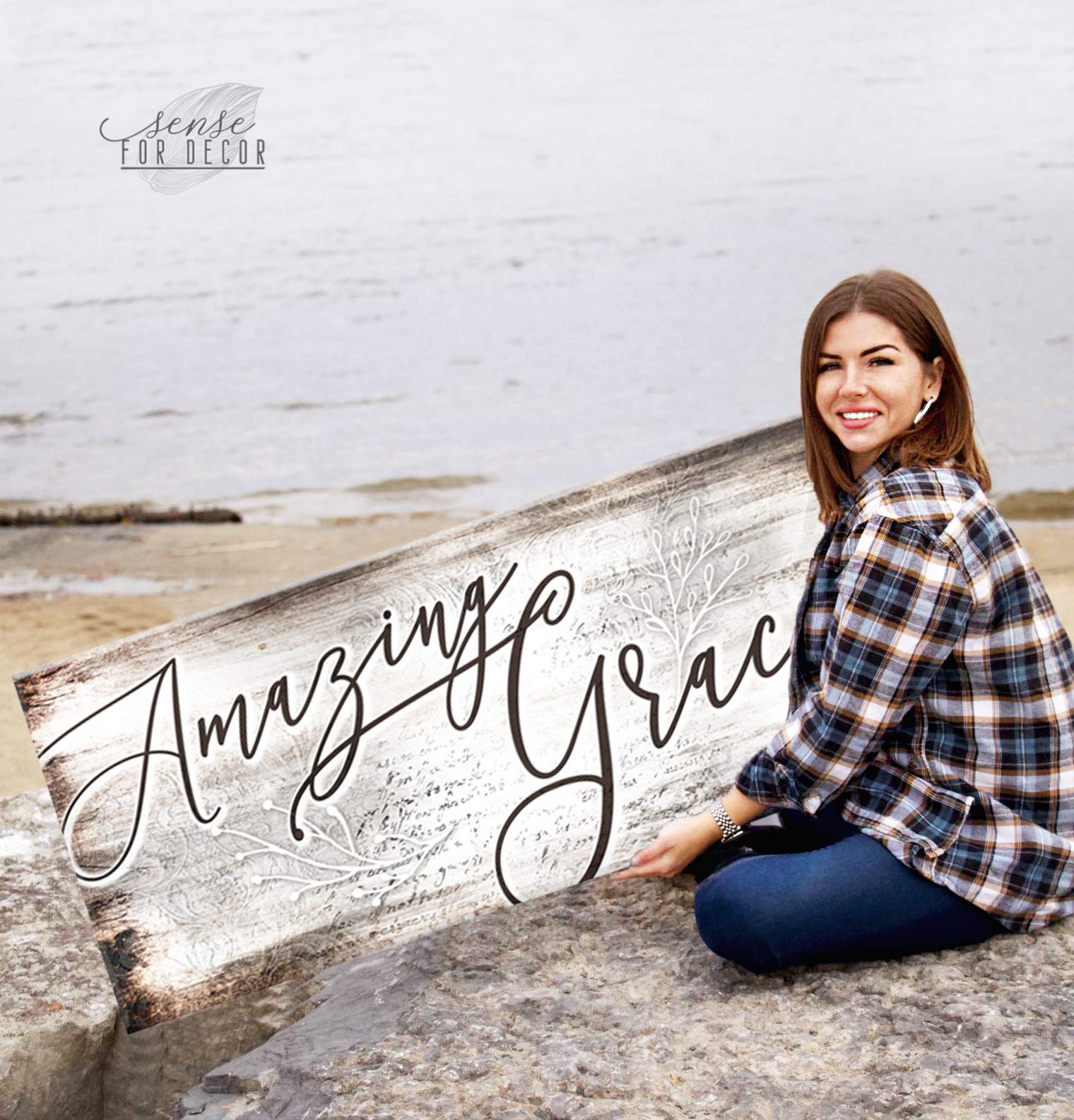 Amazing Grace Framed Wall Art - 42x19 Inch Inspirational Kitchen & Dining Room Decor Sign - Perfect for Farmhouse, Rustic Home & Office Wall Decor
