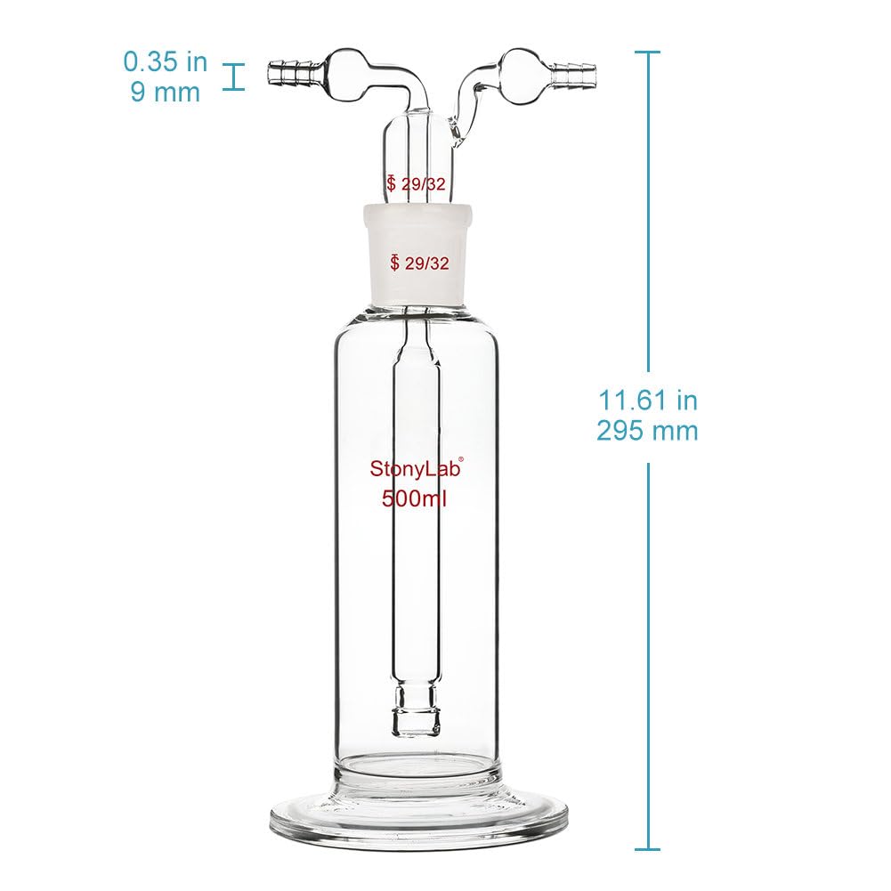 Stonylab Gas Washing Bottle - 500ml Borosilicate Glass with 29/32 Standard Joint & 8mm Serrated Hose - Ideal for Chemistry Labs, Gas Purification & Science Experiments