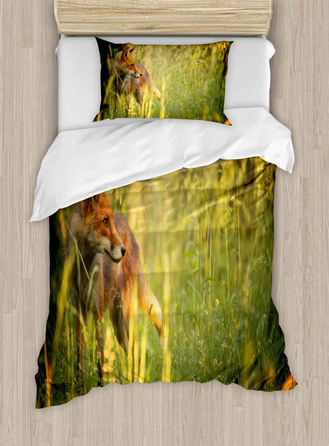 Ambesonne Fox Duvet Cover Set - Twin Size 2-Piece Bedding with 2 Duvet Covers & 2 Pillowcases - Summer Forest Fox Design in Orange Yellow Green - Perfect for Kids Room, Guest Bedroom & Nature-Themed Decor