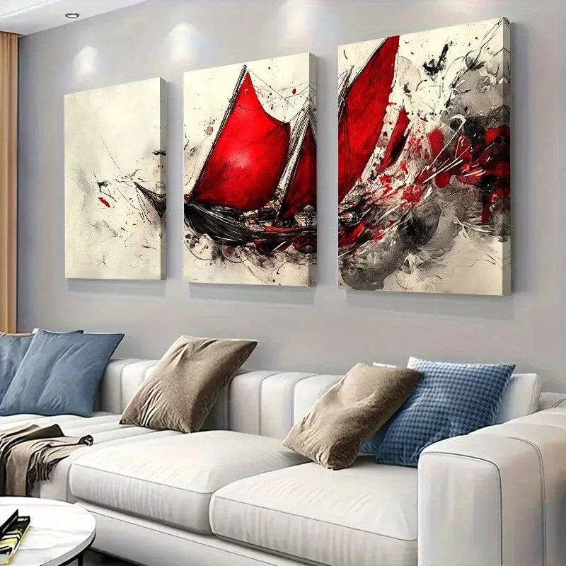 3-Piece Abstract Sailing Ship Wall Art Set with Bold Red Sails - Framed Canvas 40x60cm (16x24in) - High Quality Print - 100% Australian Made - Ready to Hang - Perfect for Living Room, Bedroom or Office Decor