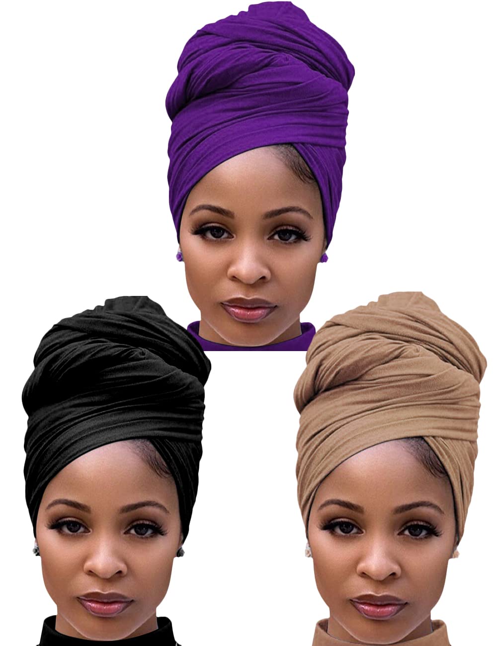 Harewom 3PCS Stretchy Turban Headwraps for Black Women - African Jersey Head Scarf & Hair Wrap Headbands - Perfect for Church, Work, and Protective Hairstyles