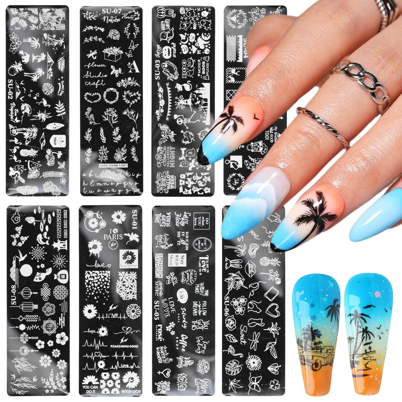 Coconut Nail Art Stamping Plates - 8 Sheet Set with Geometric Flower & Leaf Designs for Summer & Spring Manicures | DIY Nail Stamping Templates for Professional Salon-Quality Nail Art at Home | Perfect for Parties, Weddings, and Special Occasions