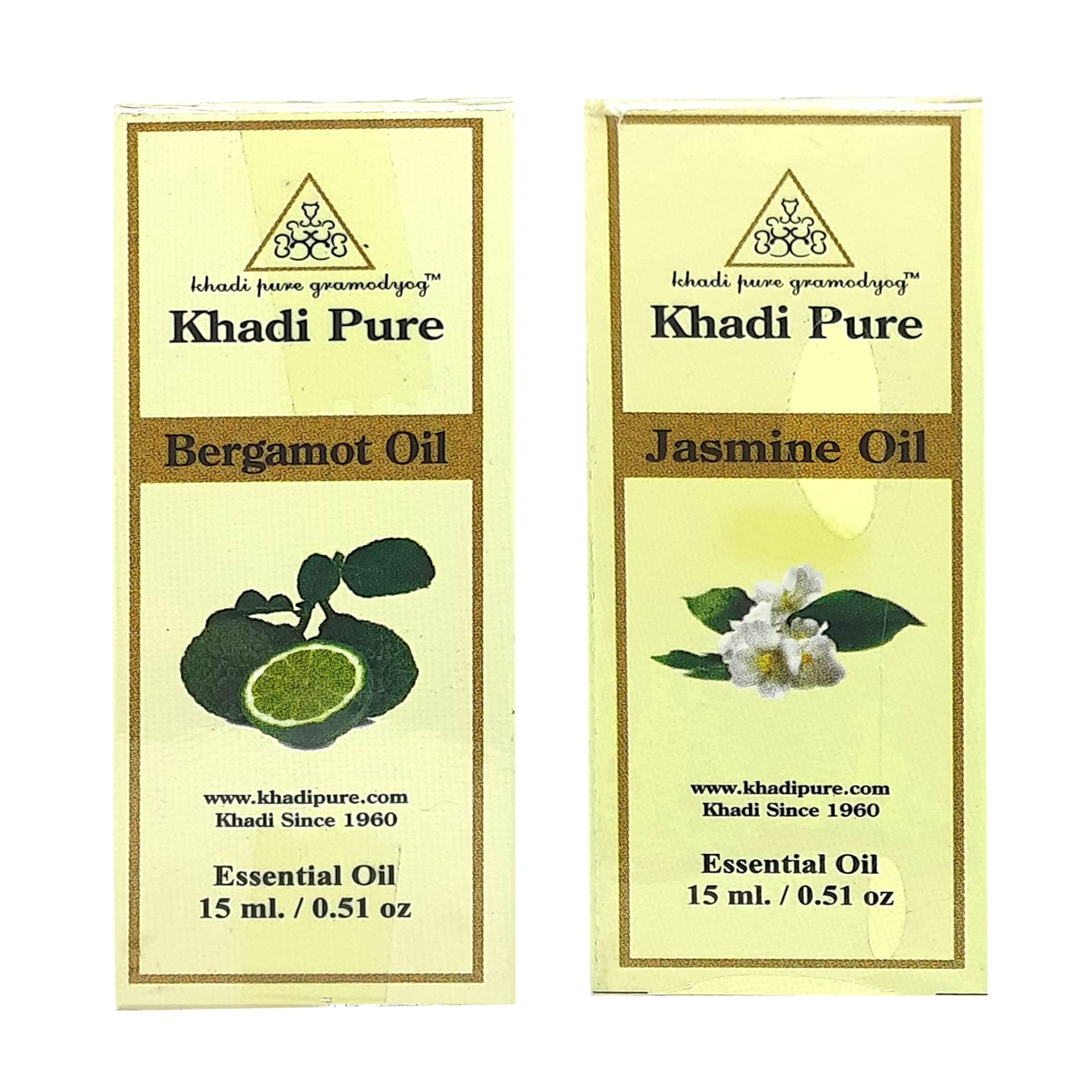 Khadi Pure Bergamot & Jasmine Essential Oil - 15ml (Pack of 2) | 100% Natural Aromatherapy Oil for Diffuser, Massage & Relaxation | Stress Relief & Mood Booster