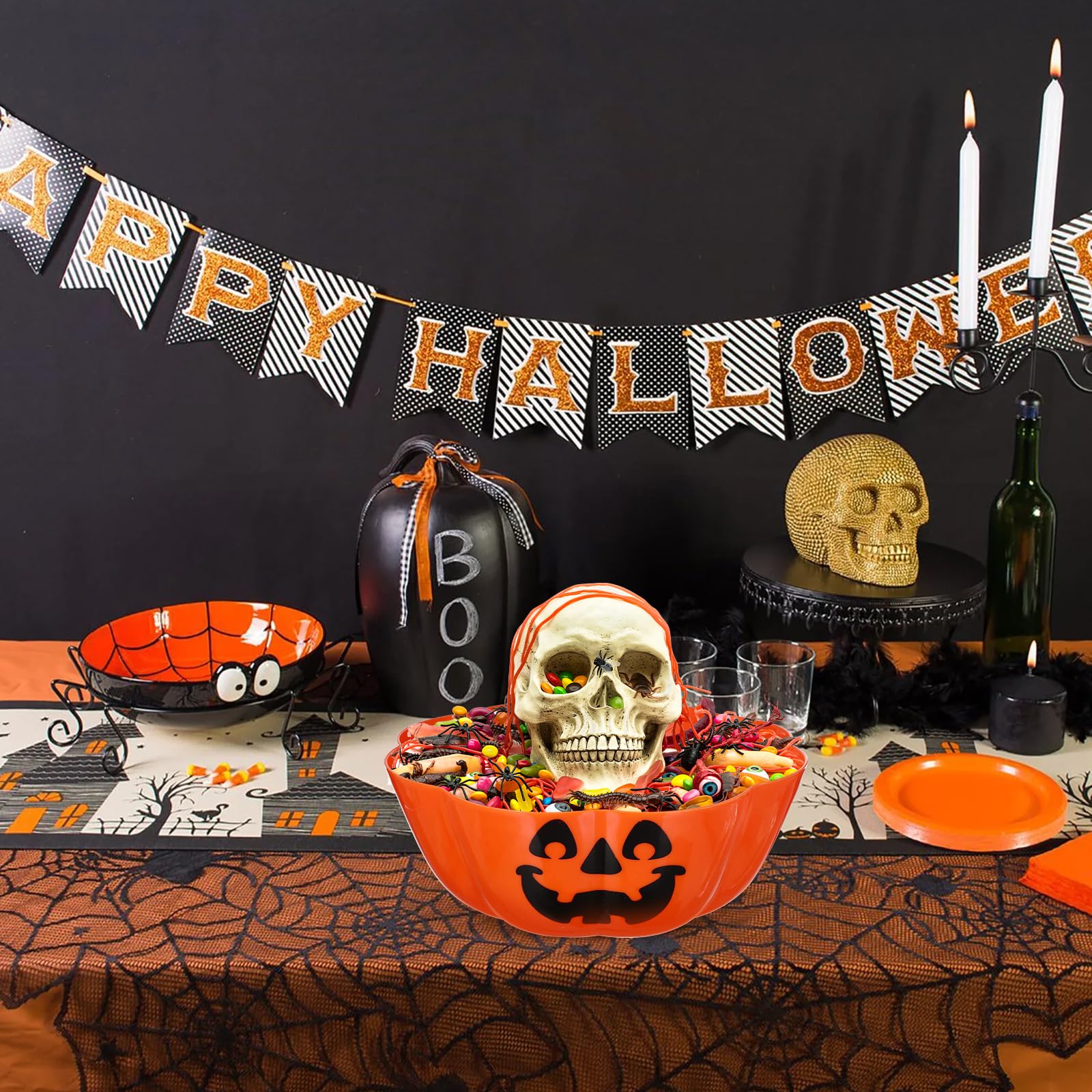 Halloween Trick or Treat Candy Bowl - Plastic Pumpkin Salad Bowl & Fruit Dish Basket for Party Decor - Orange Halloween Party Supplies for Trick-or-Treating, Home Decor & Holiday Celebrations