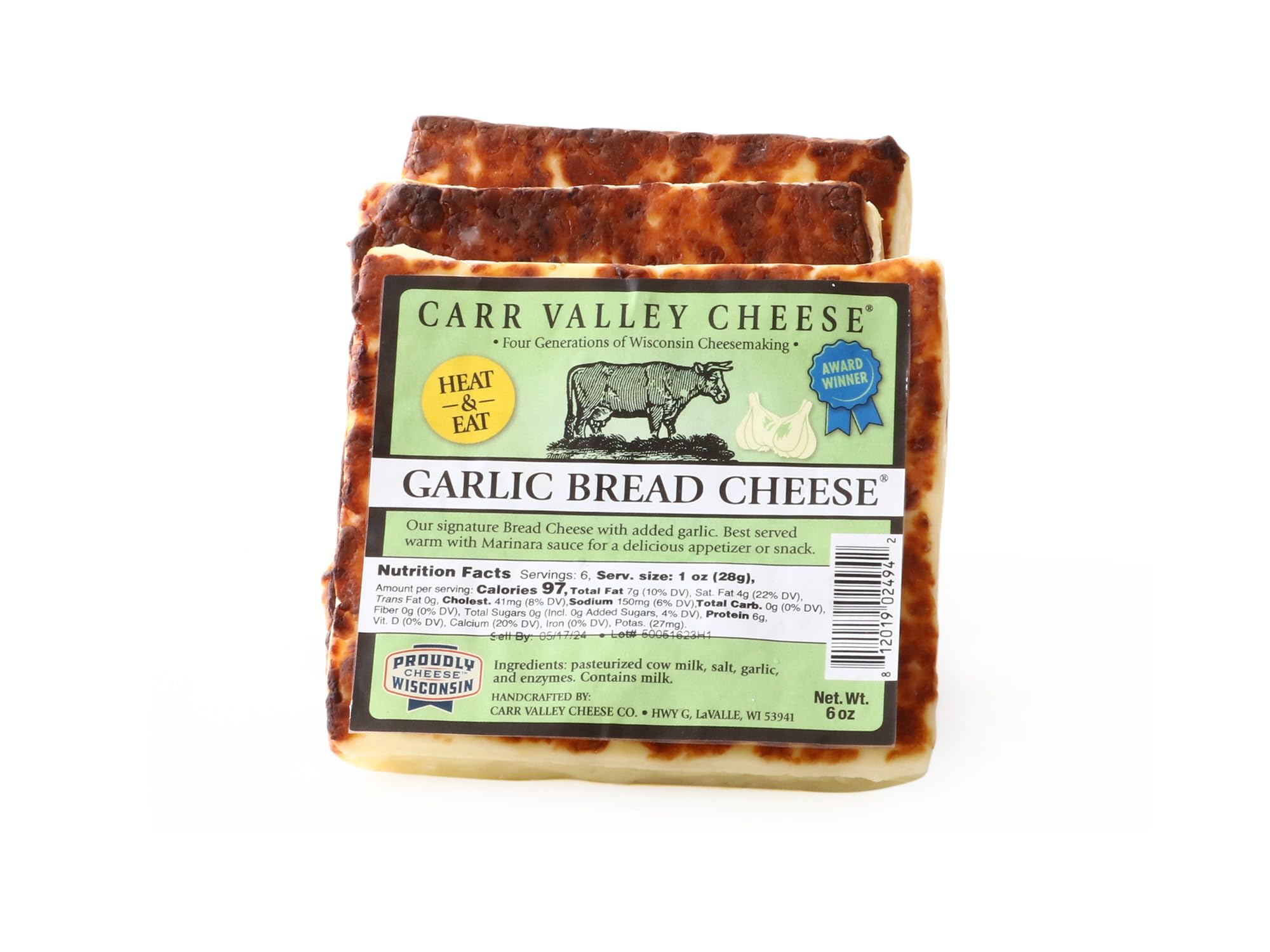 Carr Valley Bread Cheese® 3-Pack - Garlic Flavored Wisconsin Grilling Cheese (3 x 6 oz) | Heat & Eat Snack for Sandwiches, Salads & Charcuterie Boards | Perfect for BBQs, Camping & Appetizers