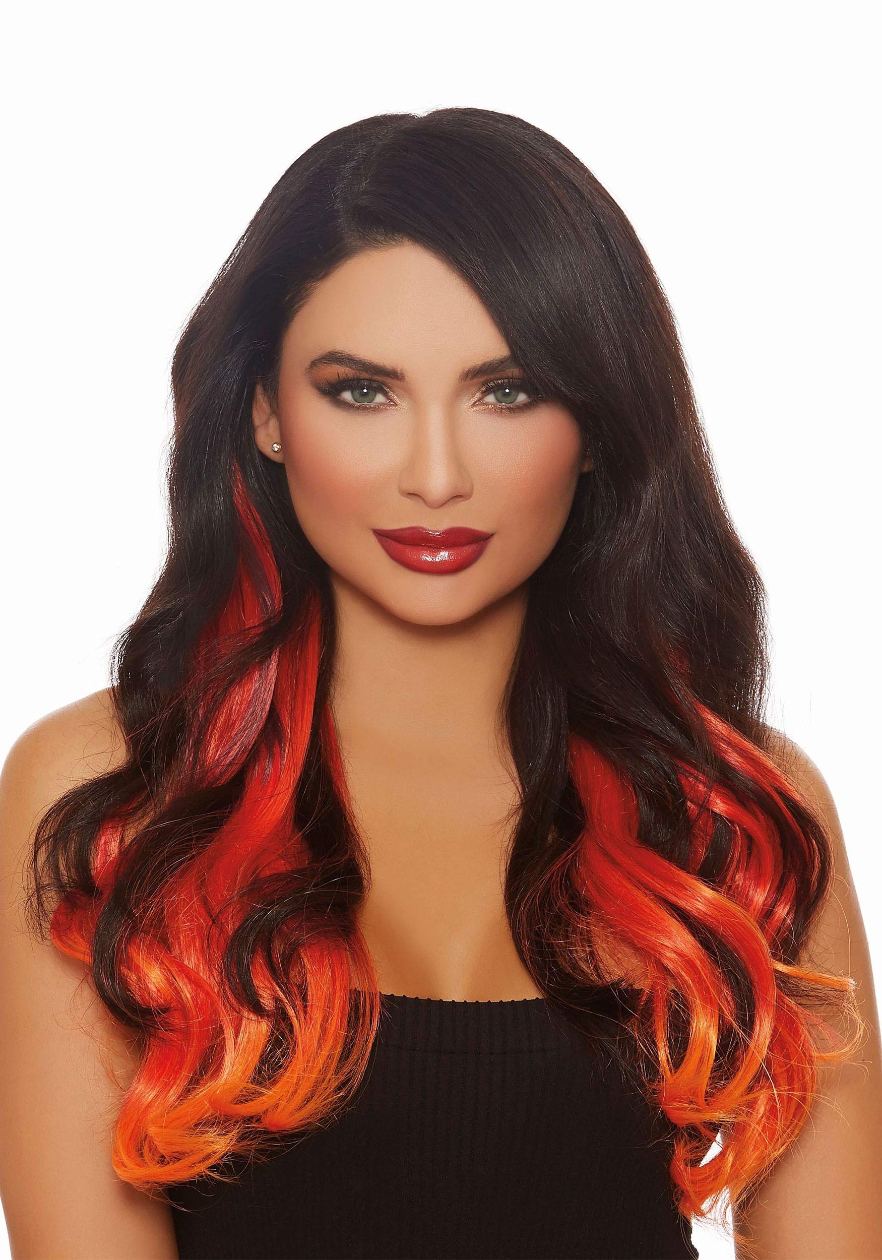 Wizme 2-Pack Neon Orange Hair Streak Extensions - Clip-in Colored Hair Highlights for Party, Cosplay & Festival Looks