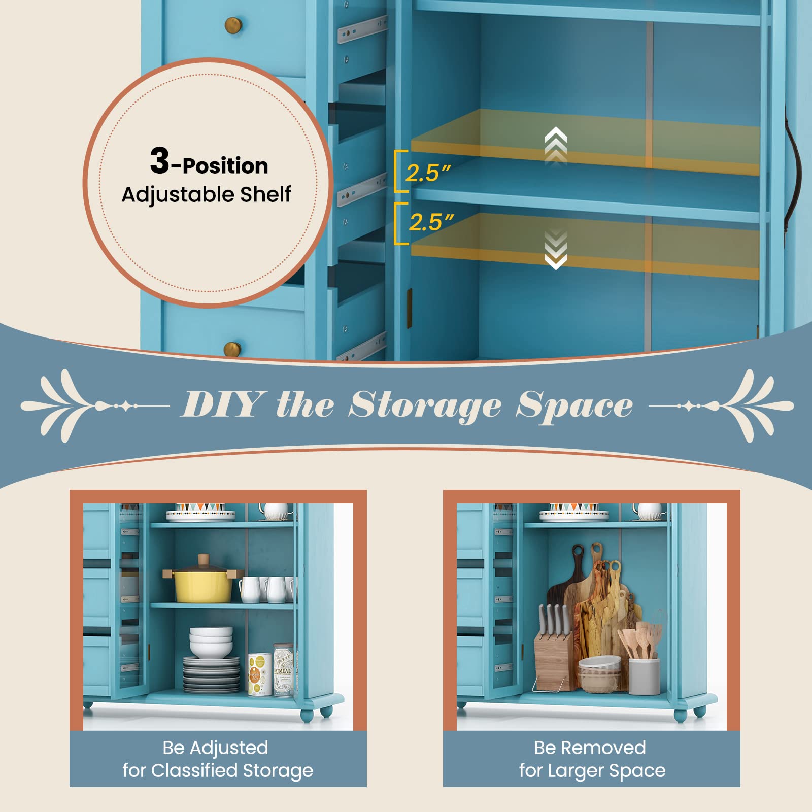 Blue Sideboard Buffet Cabinet with 4 Drawers & Glass Doors for Kitchen & Dining Room Storage